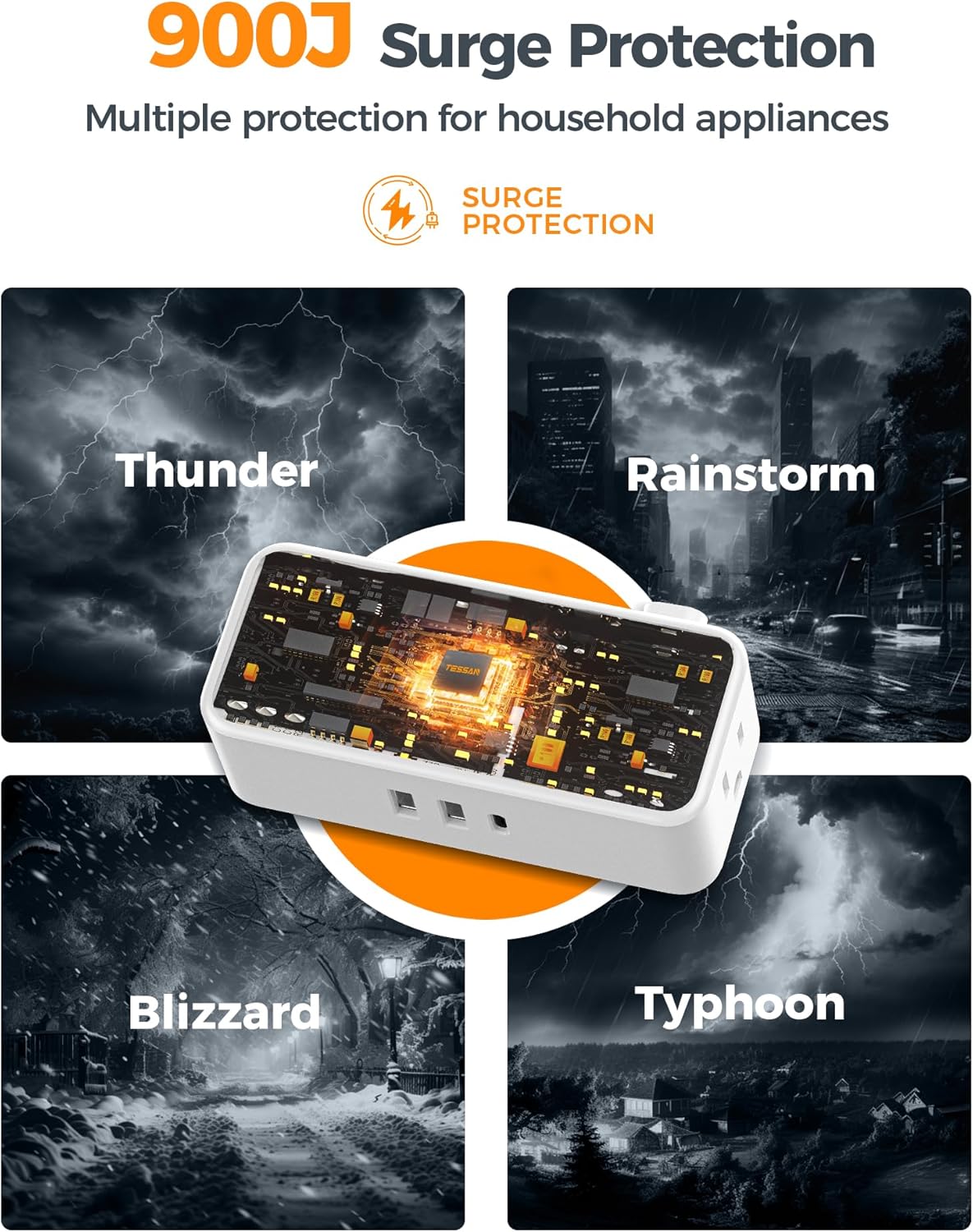 TESSAN 5 FT White Extension Cord, 900J Surge Protector Small Power Strip with 3 USB Ports (1 USB C), Flat Plug Power Strip, Mini Charging Station Suitable for Home Office Dorm