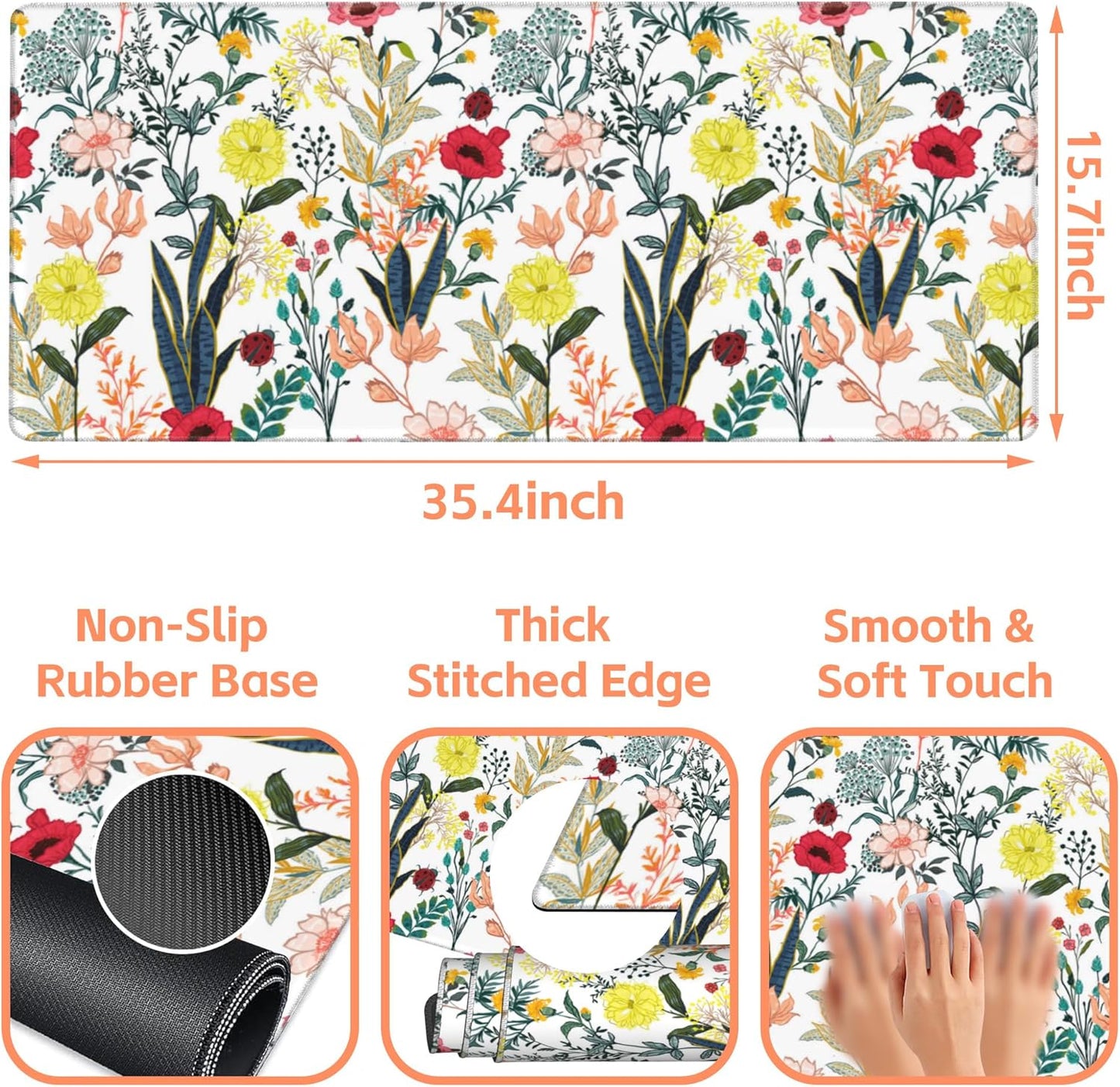Mouse Pad Large Summer Flower Non-Slip Gaming Desk Mat with Stitched Edge Laptop Keyboard Desk Pad for Work Home Gaming (35.4 x 15.7 Inches)