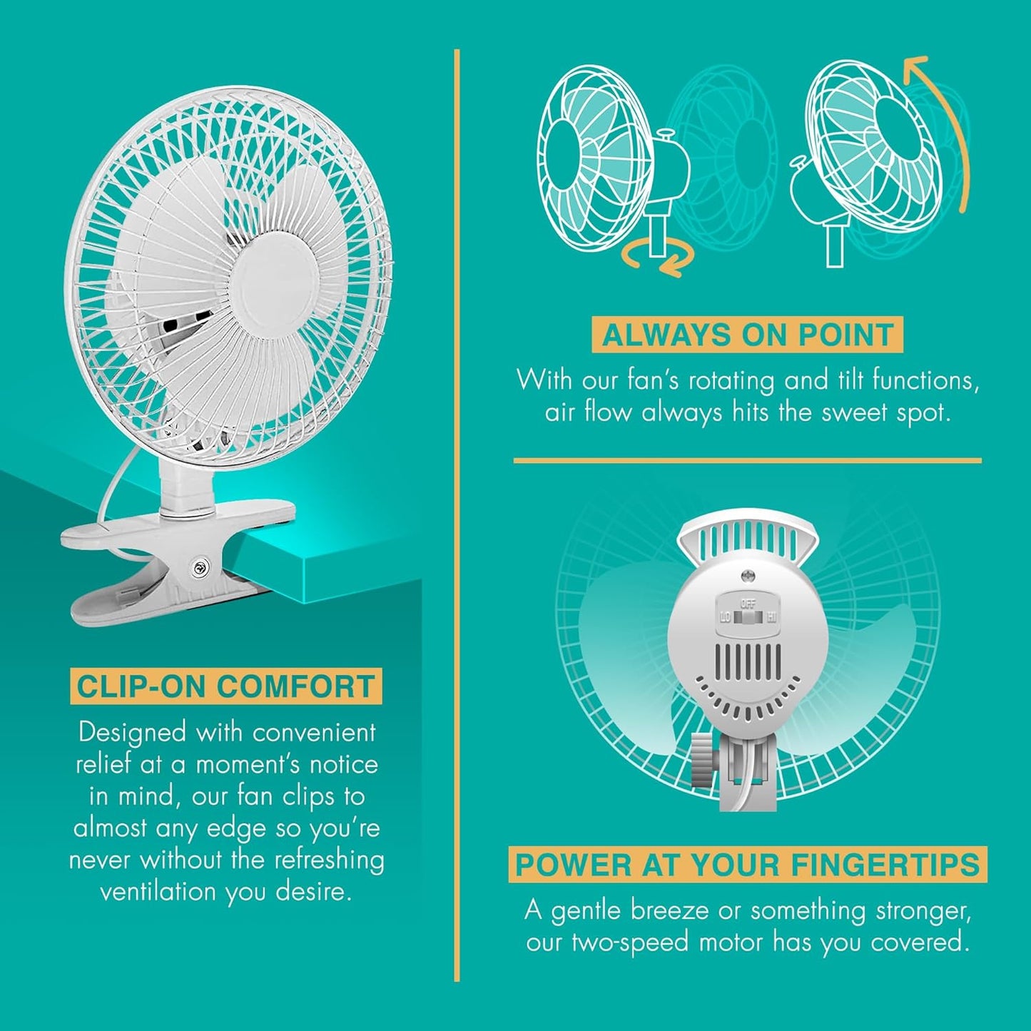 JOEY'Z 6 INCH - 2 Speed - Adjustable Tilt, Whisper Quiet Operation Clip-On-Fan with 5.5 Foot Cord and Steel Safety Grill (2, 6" Fan with 5 FT Cord)