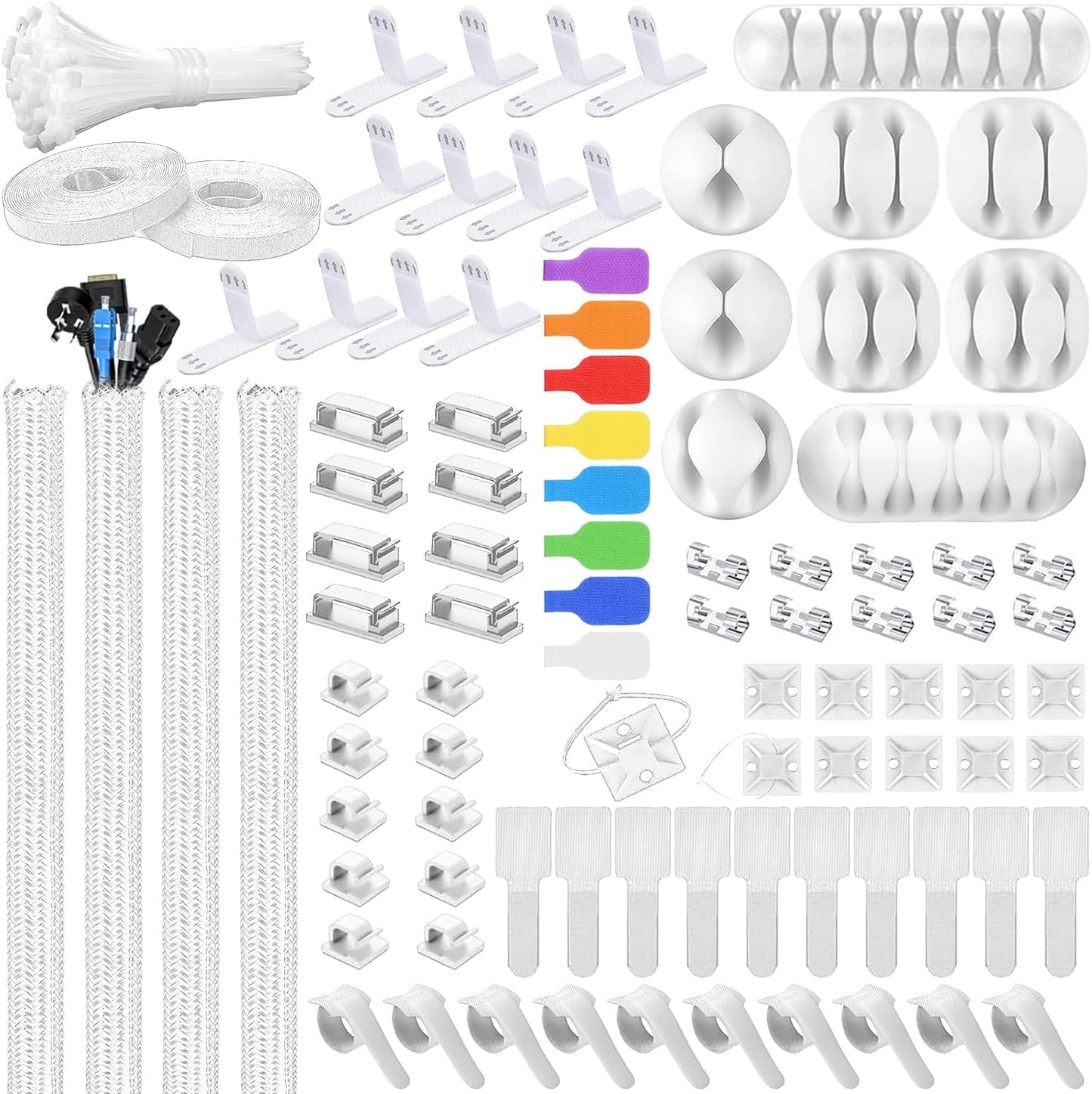 193 PCS Cable Management Kit - 4 Cable Sleeve, 57 Self Adhesive Cable Clips, 12 Hanging Strips, 12 Cable Organizer Straps and 100 Fastening Cable Ties for TV Computer Under Desk (White)