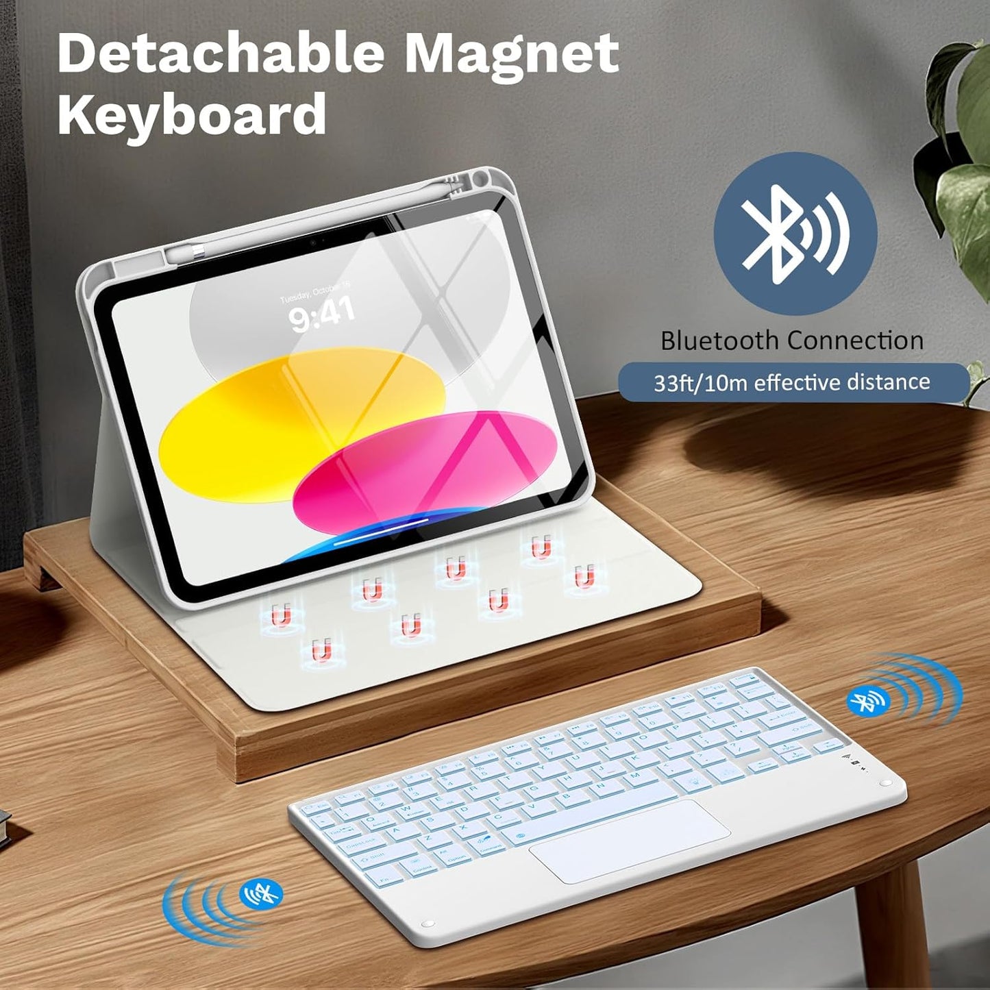 MoKo Touch Keyboard Case for iPad (A16) 11th Generation 11 inch 2025, iPad 10th Generation 10.9 inch Case with Pencil Holder, 7 Colors Backlit Multi-TrackPad Detachable Bluetooth Keyboard, White