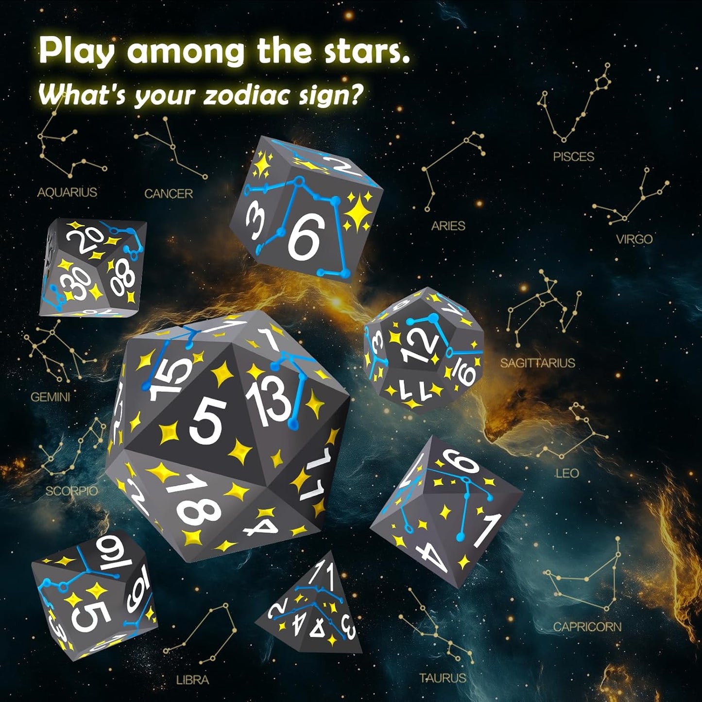PJOY Metal Dice Set D&D Star DND Dice Set Polyhedral Dice for RPG Role Playing Games Dungeons and Dragons TTRPG Black Yellow Blue DND Dice for DND Gamers