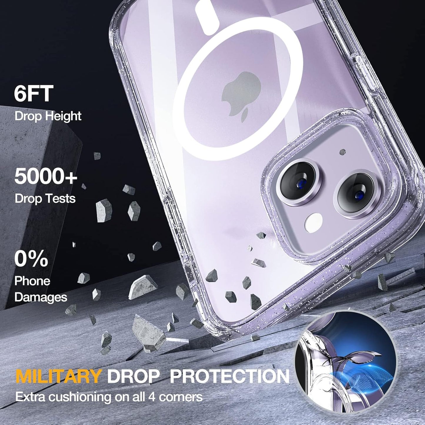 Miracase Magnetic for iPhone 14 Case 6.1", [Built-in Tempered Glass Screen Protector + Lens Protector] [Compatible with MagSafe] Full-Body Protective Bumper 14 Phone Cover, Clear Glitter