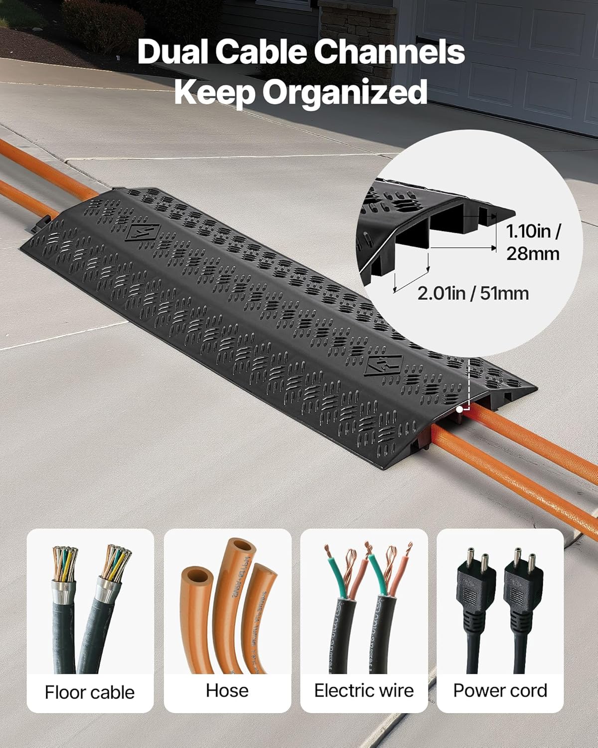 VEVOR 2 Pack Drop Over Cable Cover, 2 Channel Heavy Duty Cable Hose Protector Ramp, 38.3'' Floor Cord Cover, 17,500 lbs/Axle Load Capacity, for Traffic Areas, Indoor, Outdoor, Home, Office, Warehouse