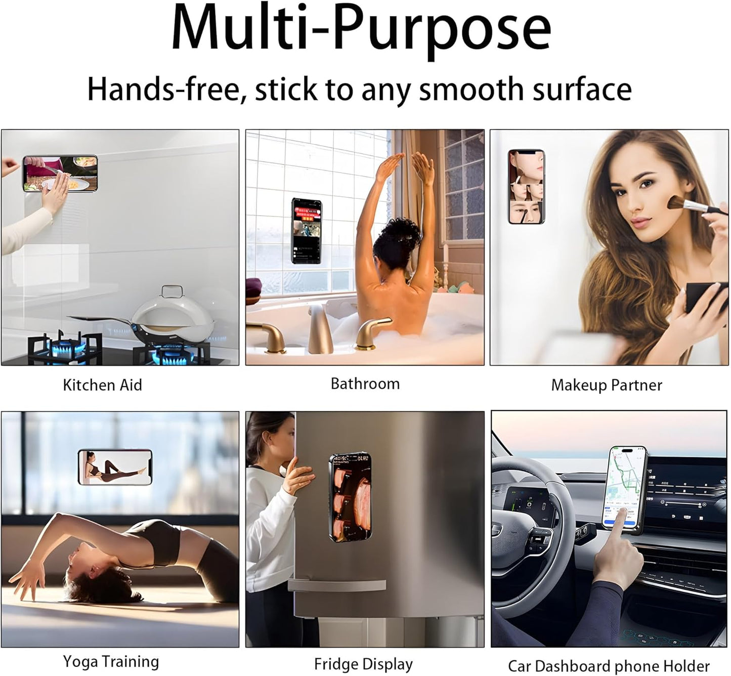 Silicone Double-Sided Suction Phone Grip Detachable Mount - Car Dashboard/Shower Phone Holder, Hands-Free For Selfies & Videos, TikTok/ASMR/Yoga - iphone & Android Compatible (3.74"x2.2", Black)