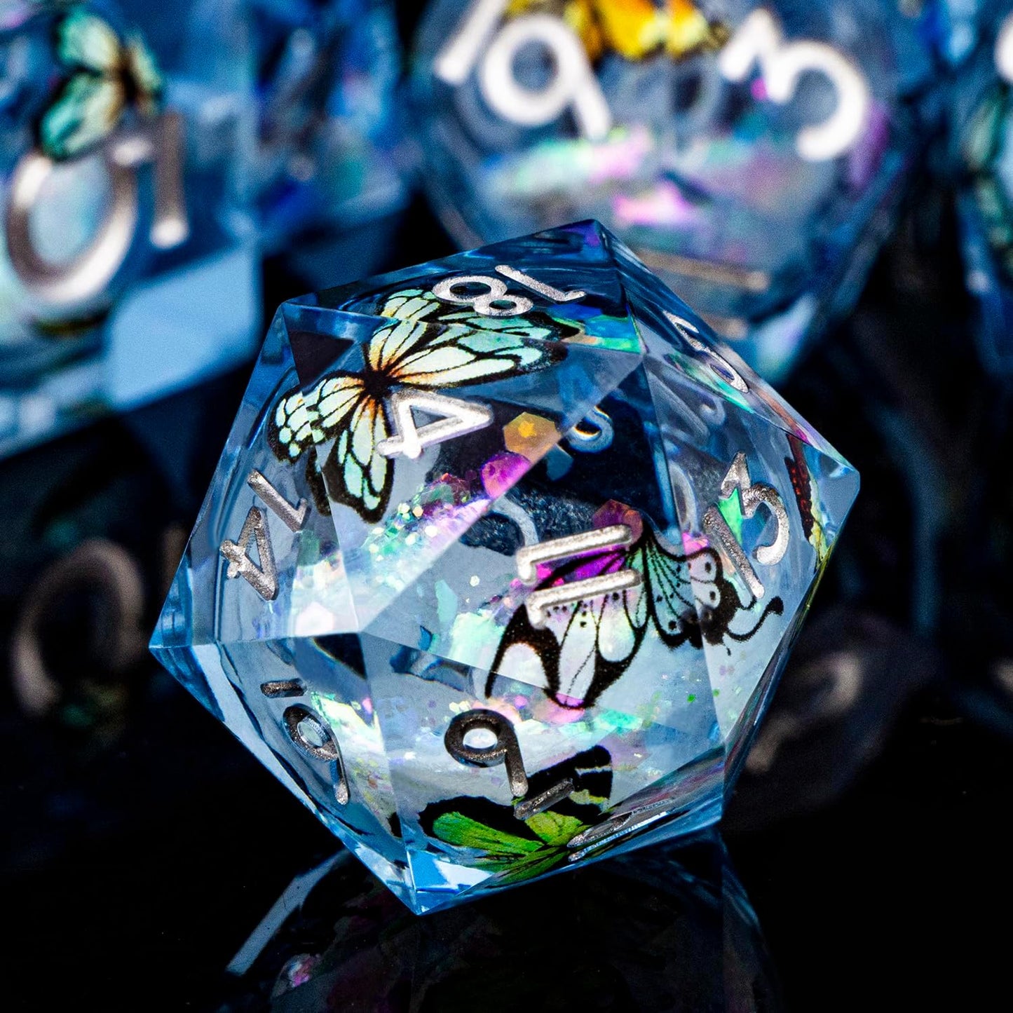 Butterfly DND Dice Colorful Blue Liquid Core Dice Set with Metal Box, Handmade Sharp Edge D and D Polyhedral Dice for use with D&D Role Playing Game, D20 D12 D10 D8 D6 ﻿