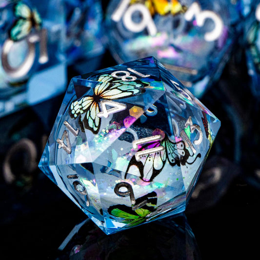 Butterfly DND Dice Colorful Blue Liquid Core Dice Set with Metal Box, Handmade Sharp Edge D and D Polyhedral Dice for use with D&D Role Playing Game, D20 D12 D10 D8 D6 ﻿