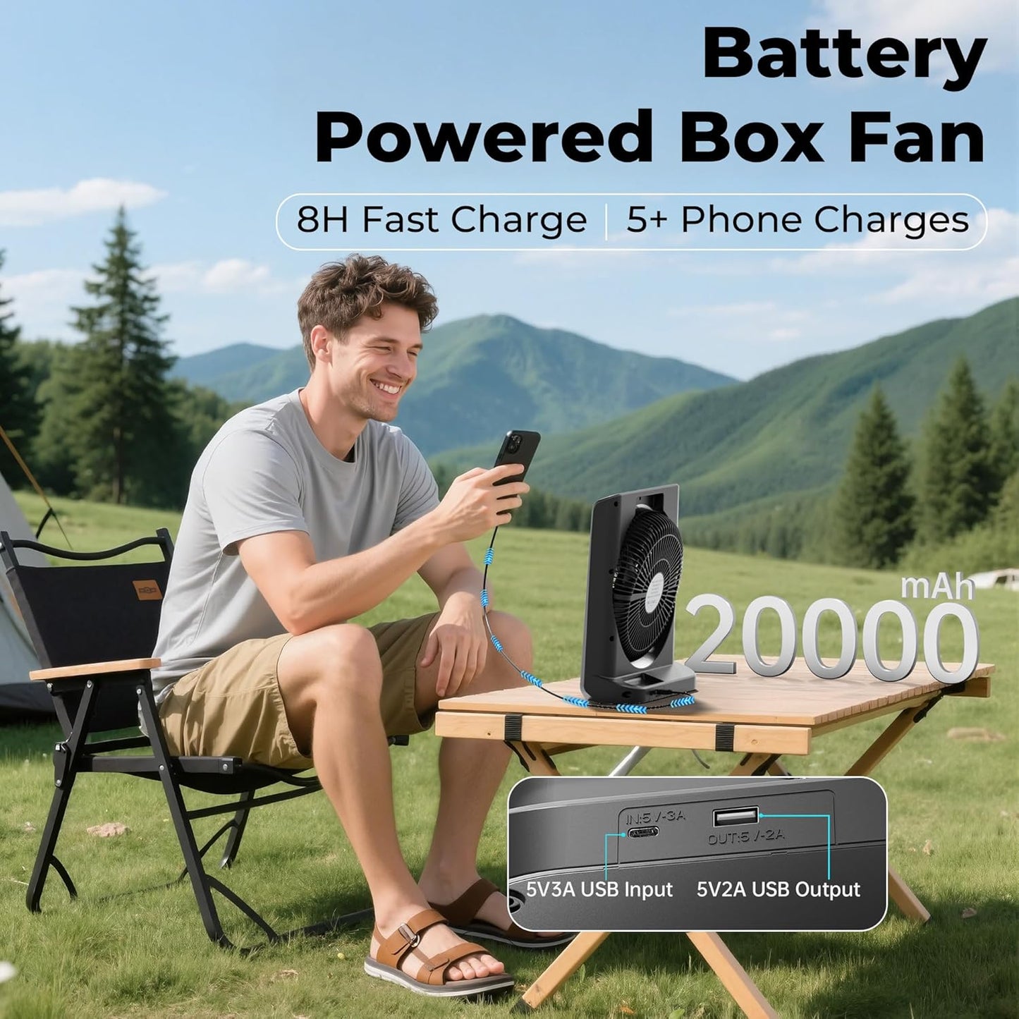 PANERGY 20000mAh Rechargeable Battery Powered Fan - 10" Square Box Fan with 55H Runtime, 4 Speeds & Timer, 270° Pivot, Cordless & Portable for Home, Patio, Camping, Travel, Power Outages (No Remote)