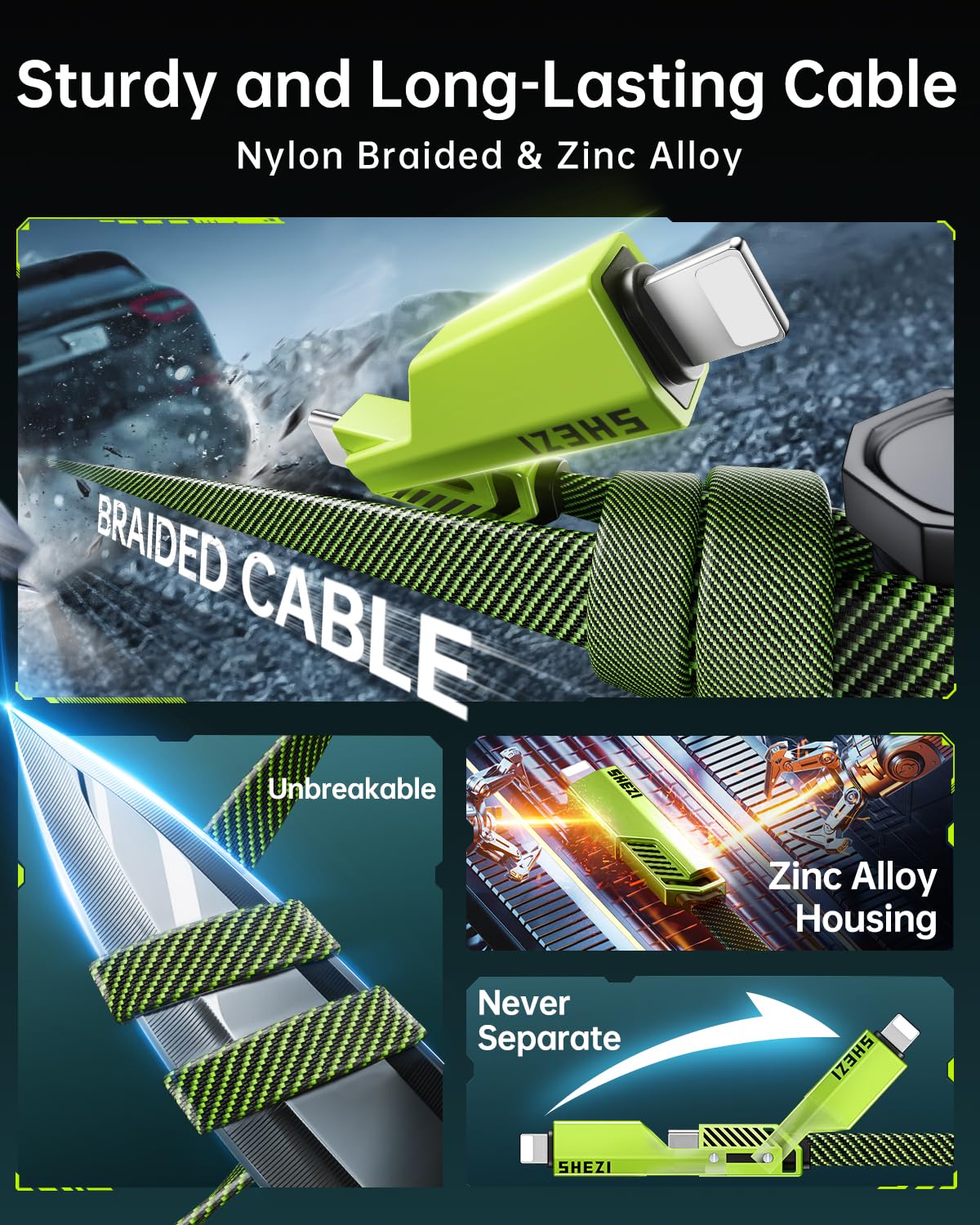 SHEZI [Upgraded 2.0] 4-in-1 USB C Cable 60W 10FT Fast Charging [480Mbps Data Sync] Flat Nylon Braided Charger Cord Combo, USB A/C to C/L Multi Charge Cable for iPhone/iPad & Most Devices, Green