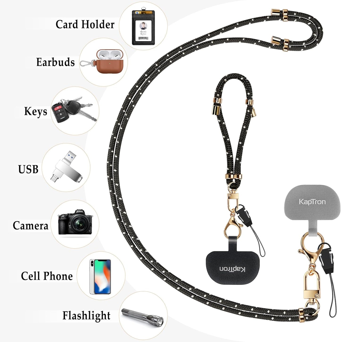 Kaptron Universal Phone Lanyard with Wrist Strap, Adjustable Crossbody Cell Phone Lanyard Neck and Wrist Strap with 2 Lobster Clips