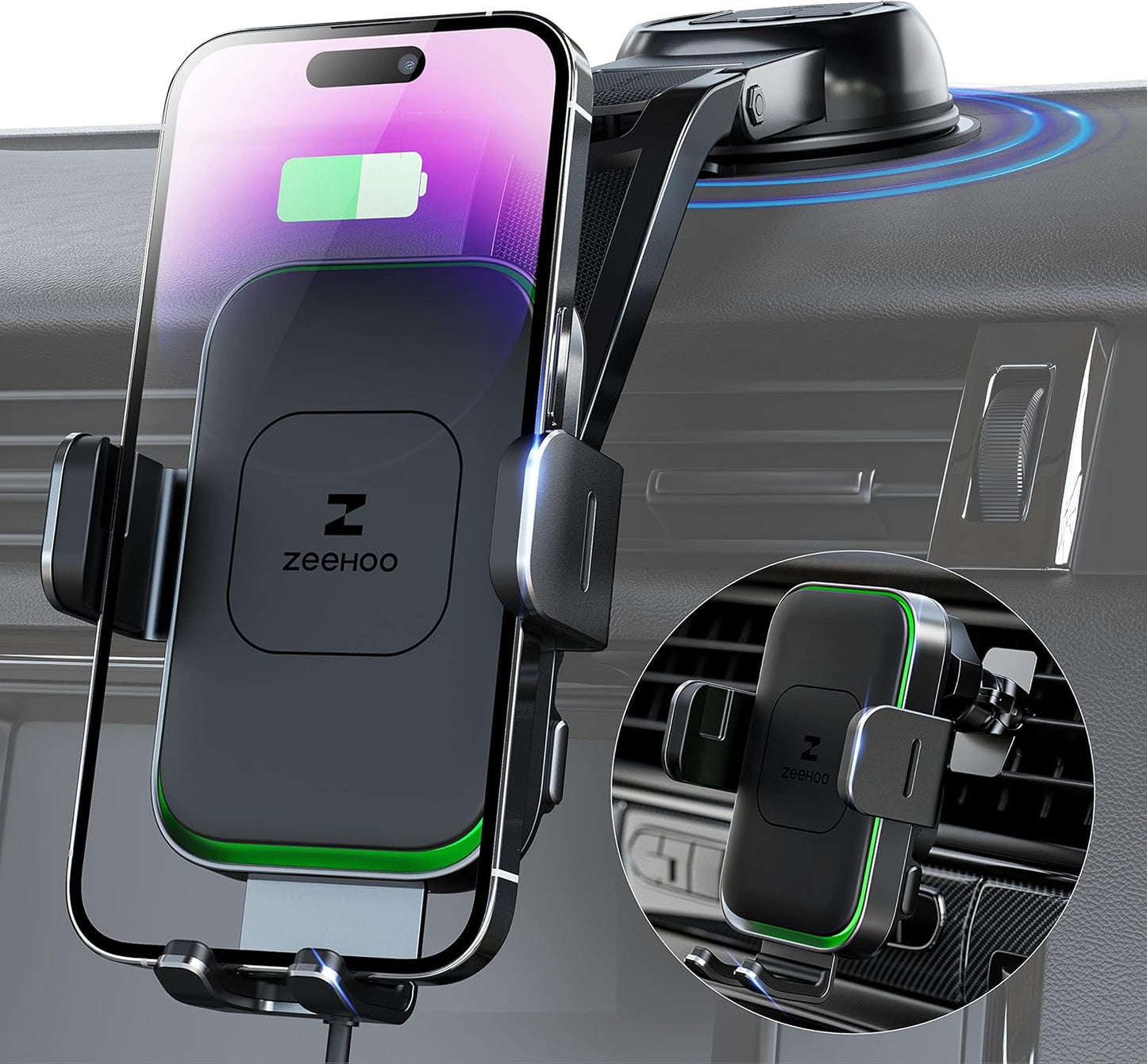Wireless Car Charger, ZEEHOO DUOXX Dual Coils 15W Fast Charging Auto-Clamping Car Mount, Dashboard, Vent Charging Phone Holder Smart Sensor Cradle for iPhone 15 14 13 12, S23 Ultra, Z Flip4 3, etc