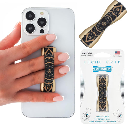 LOVEHANDLE Universal Phone Grip for Smartphones & Mini Tablets - Phone Holder for Hand - Wireless Charging Compatible - Made in The USA - Boho Gold