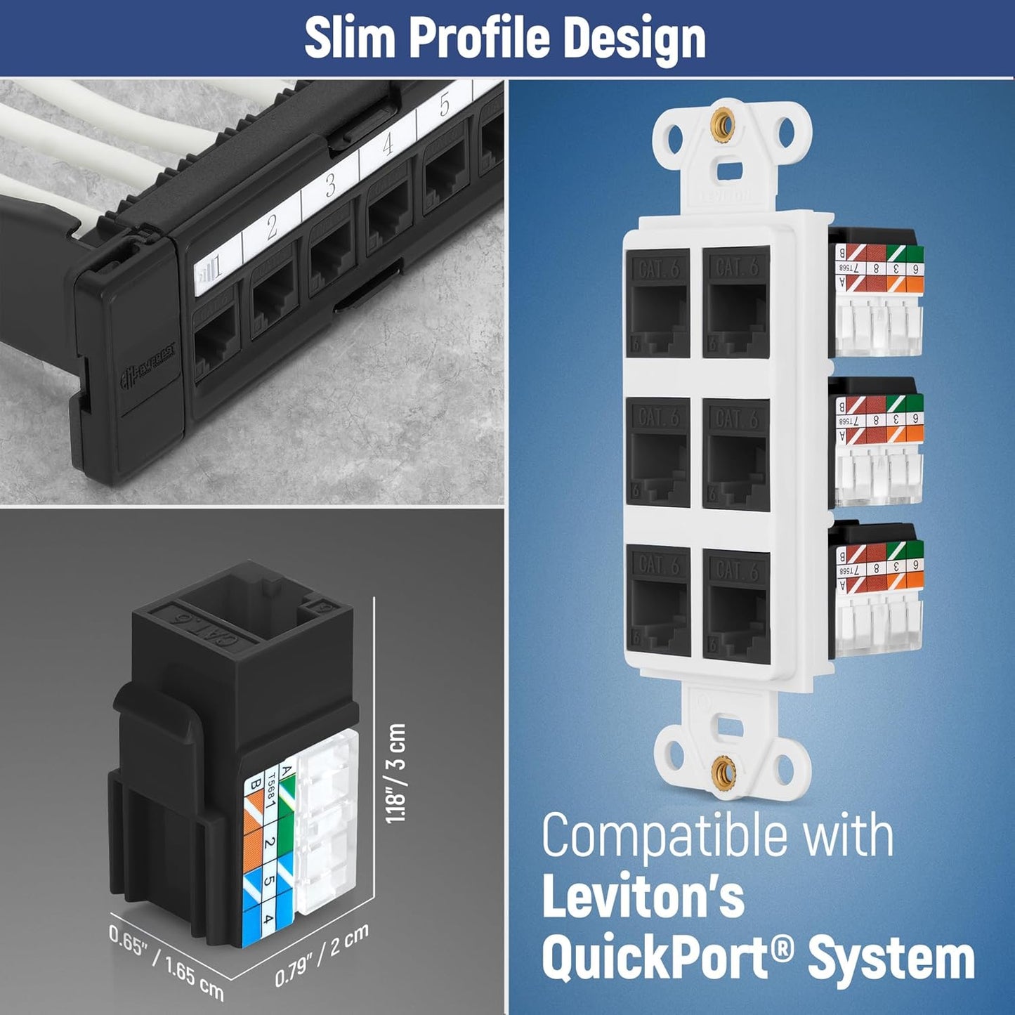 Everest 90° Angled RJ45 Cat6A Keystone Jacks 50-Pack in Black - Slim Profile Female RJ45 Connectors - Cat 6A Keystone Jack - Compatible with 90° Angled Speed Termination Tool - easyJACK (B094WB91H3)
