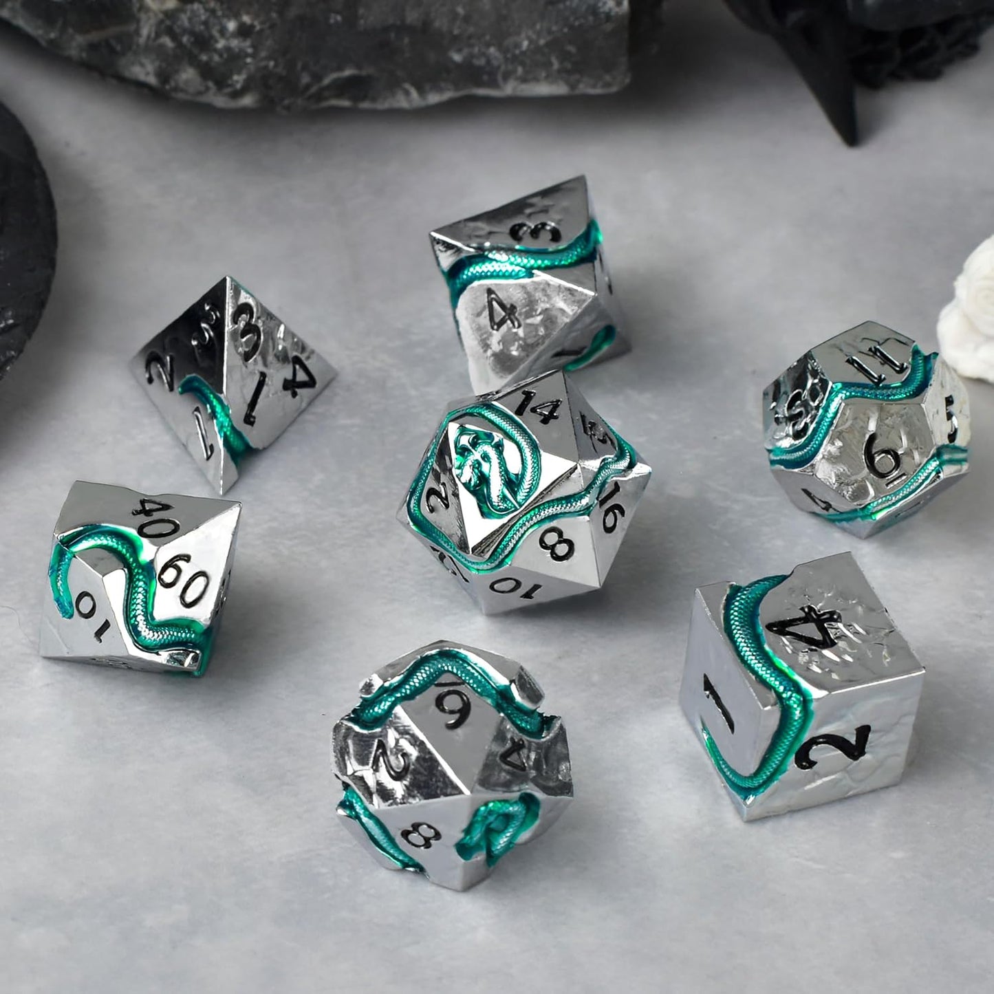 RULE DICE Metal DND Dice Set for Dungeons and Dragons - Polyhedral D&D Dice Set with Green Serpent Design - Balanced D&D Dice for RPGs, TTRPGs - Heavy Duty Zinc Alloy Construction 7 Dice Set