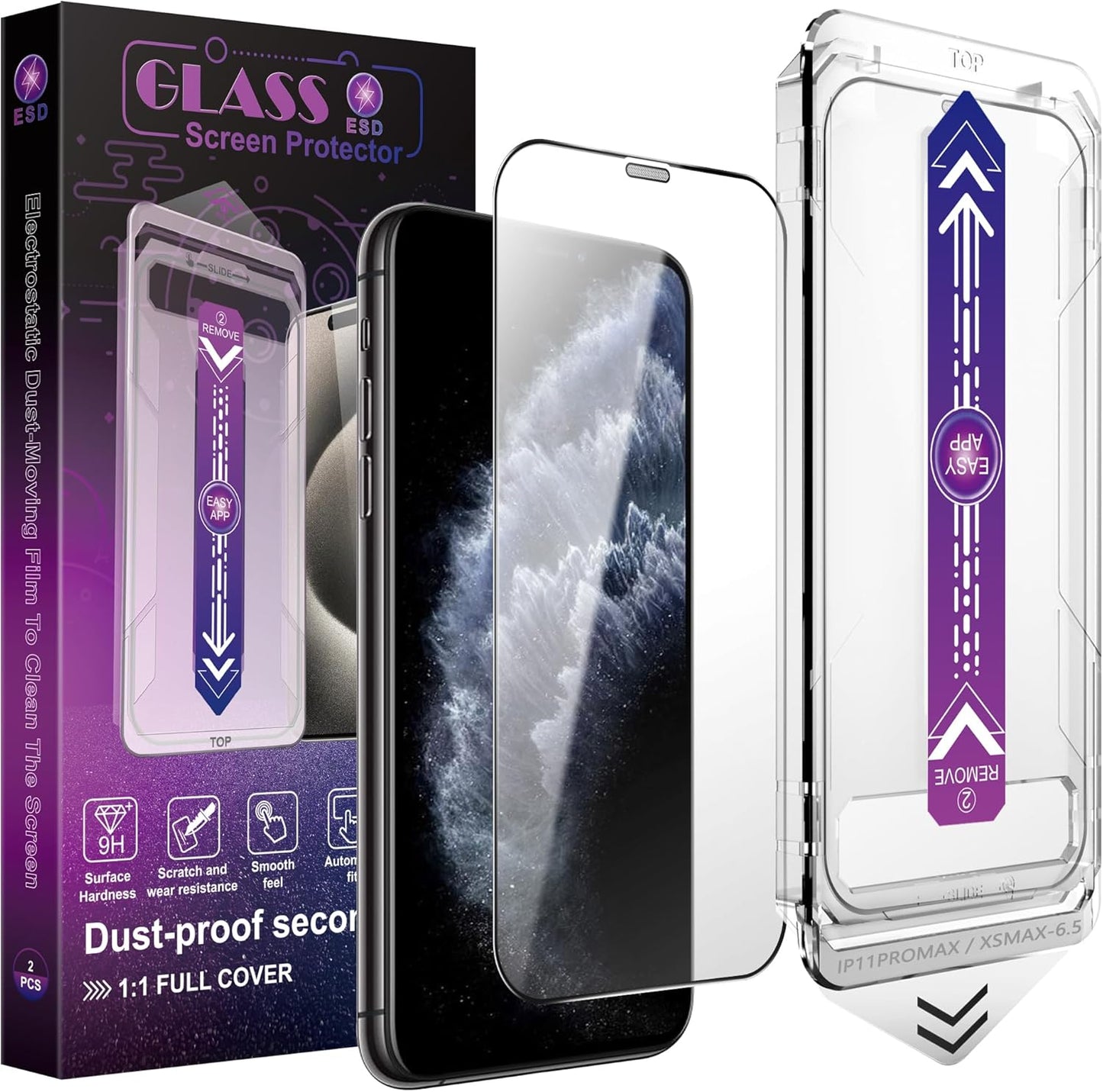 2 Pack Screen Protector for iPhone 11 Pro Max/iPhon XS Max, 9H Tempered Glass, Full Coverage, Anti-Fingerprint, Auto Dust-Elimination, No Bubble, Easy Installation