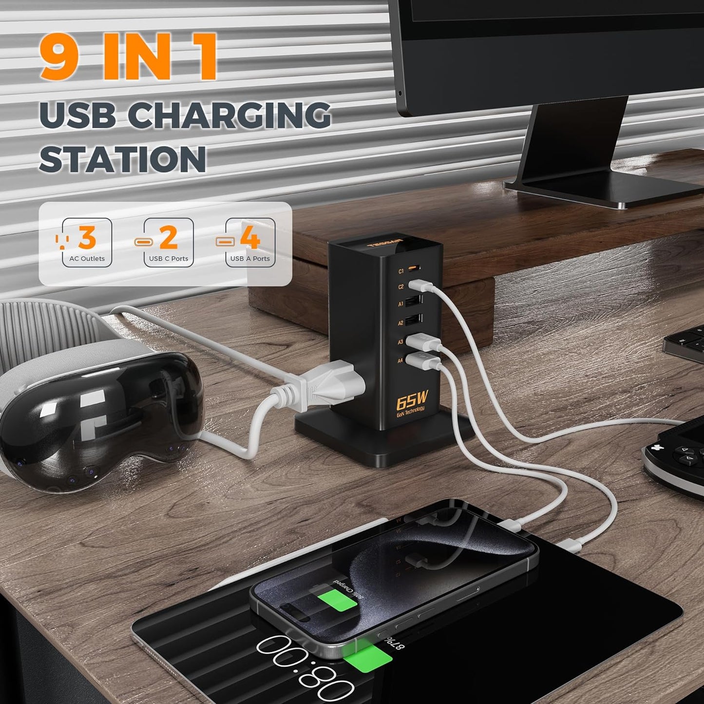 USB Charging Station for Multiple Devices 10Ft Cord, TESSAN 9-in-1 USB C Charger Block PD 65W for iPhone 16/15, MacBook, Tablet, Type C Desktop Charger with 3 AC, Home Travel Office Accessories