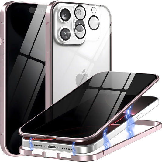 Privacy Magnetic Case for iPhone 16 Plus with Metal Titanium Frame Privacy Screen Protector & Camera Lens Protector, Magnetic Adsorption Double Sided Glass Case Anti Peep Anti Spy Phone Cover