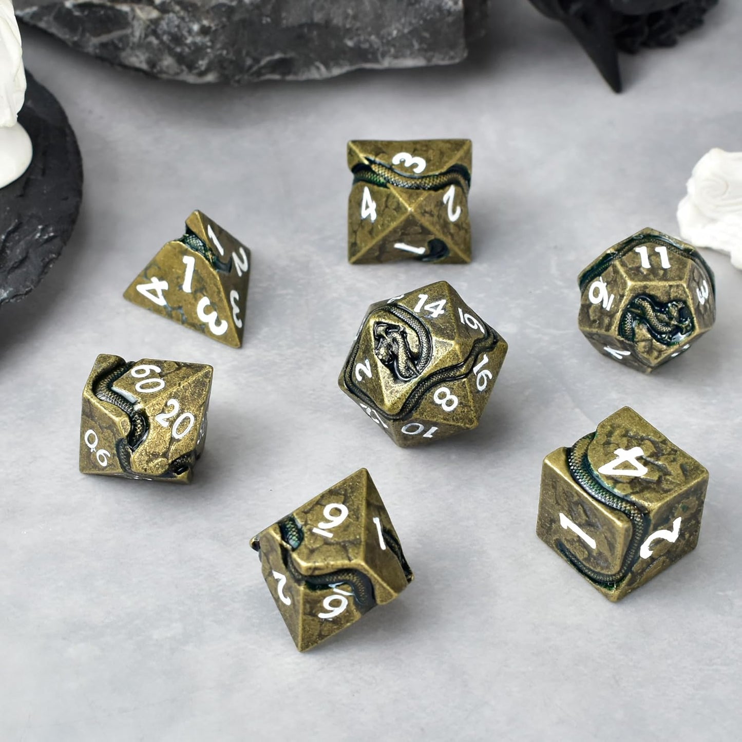 RULE DICE Metal D&D Dice, DND Dice Set, Polyhedral Dice for Dungeons and Dragons RPG Games | 7pc D and D Dice Set with Green Serpent | Gift for TTRPG Players