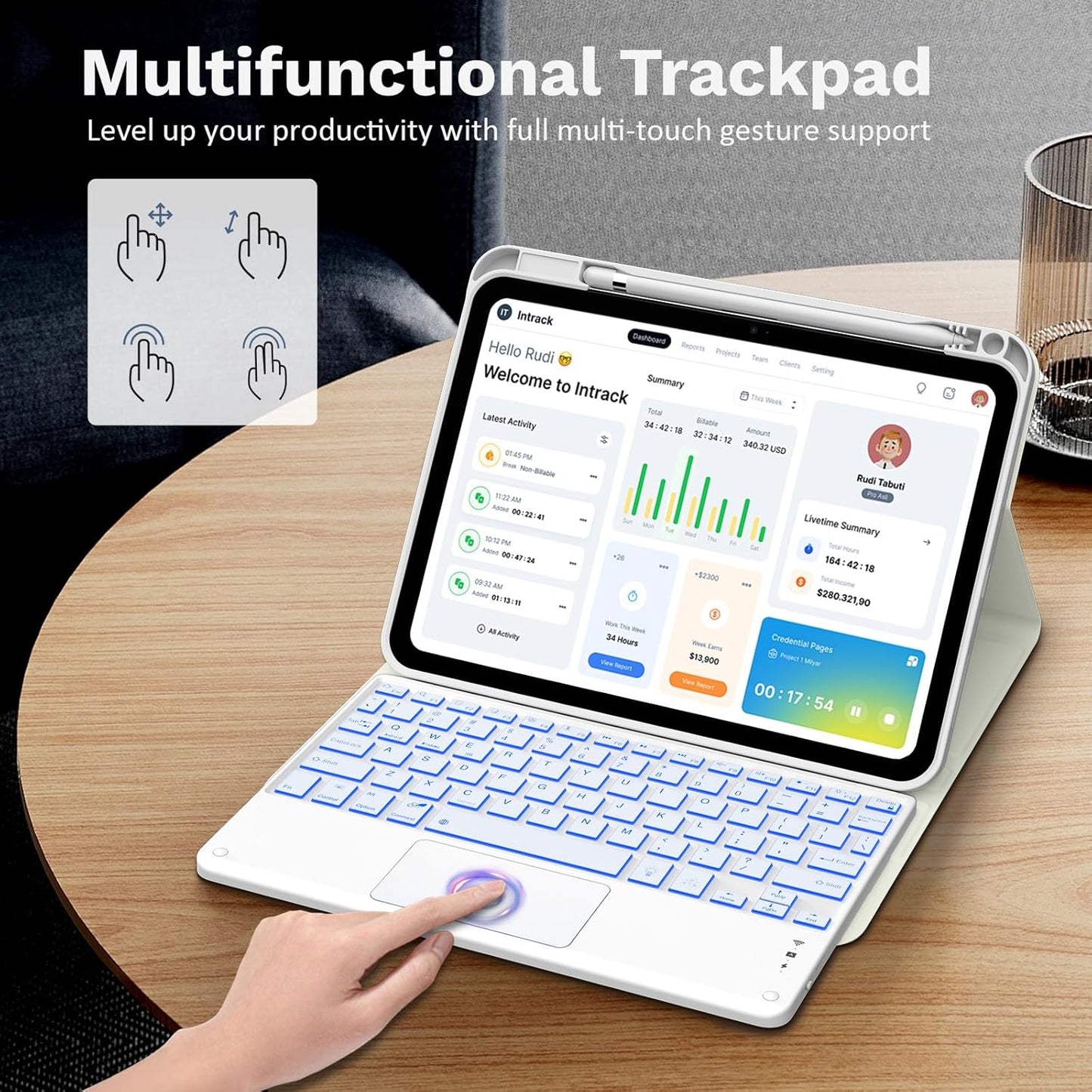 MoKo Touch Keyboard Case for iPad (A16) 11th Generation 11 inch 2025, iPad 10th Generation 10.9 inch Case with Pencil Holder, 7 Colors Backlit Multi-TrackPad Detachable Bluetooth Keyboard, White