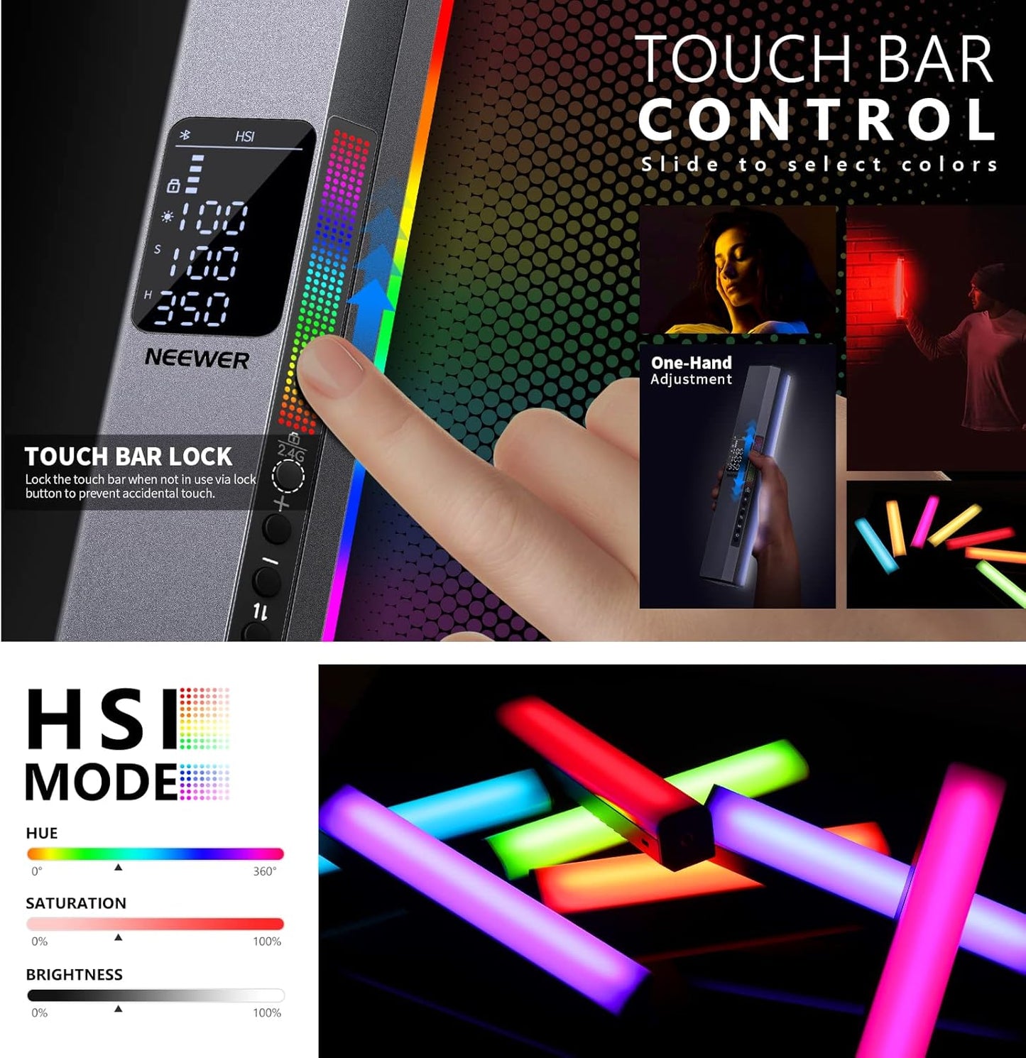 NEEWER RGB LED Video Light Stick, Touch Bar&APP Control, Magnetic Handheld Photography Lighting Wand, Dimmable 3200K~5600K CRI98+ Full Color LED Light with 6400mAh Battery, 17 Scenes, RGB1 (Rose Gold)