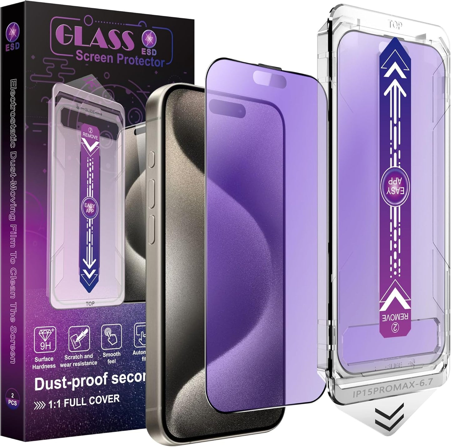 2 Pack Anti Blue Light Matte Screen Protector for iPhone 15 Pro Max, 9H Tempered Glass, Full Coverage, Anti-Fingerprint, Auto Dust-Elimination, No Bubble, Easy Installation