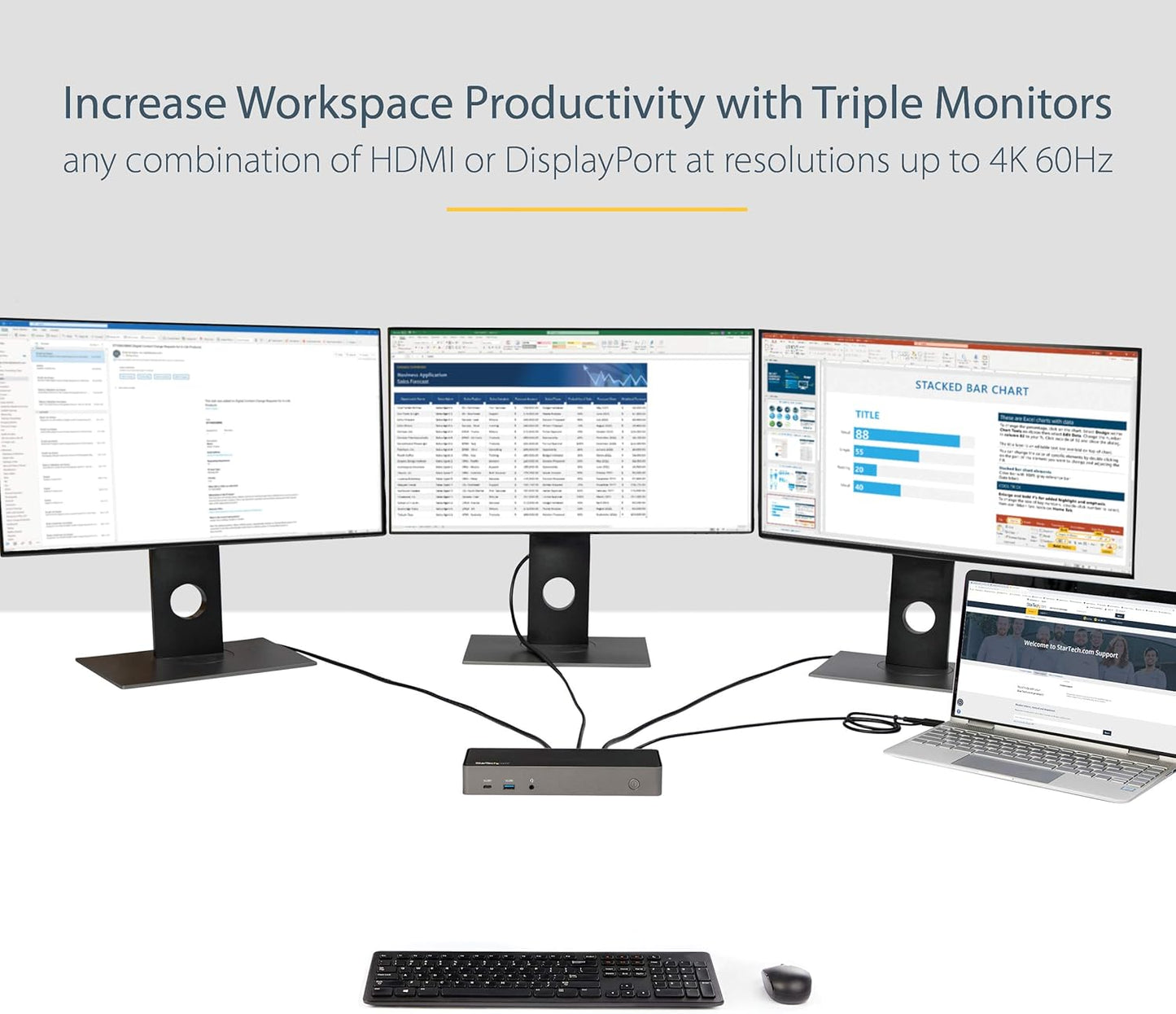 StarTech.com USB-C / USB-A Hybrid Docking Station for MacBook Pro / Air M1 M2 M3 M4 & Windows, Universal Triple 4K 60Hz HDMI DP Dock, Thunderbolt Compatible, 85W Laptop Charging - TAA