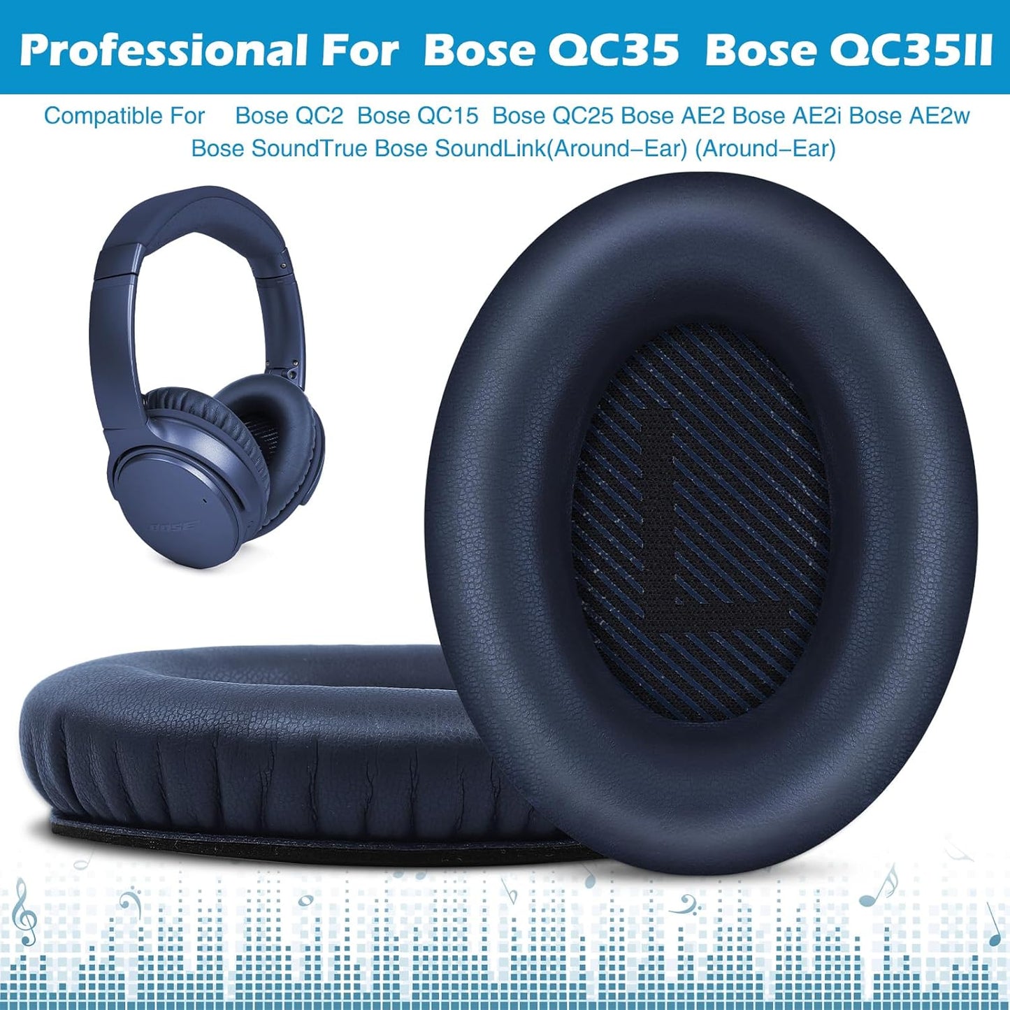 Ear Pads for Bose QuietComfort 35 ii, Premium Softer Leather Replacement Pads for Bose QC35 QC35ii Headphones Ear Pads Quiet Comfort, Noise Isolation Foam, Added Extra Thickness (Midnight Blue)