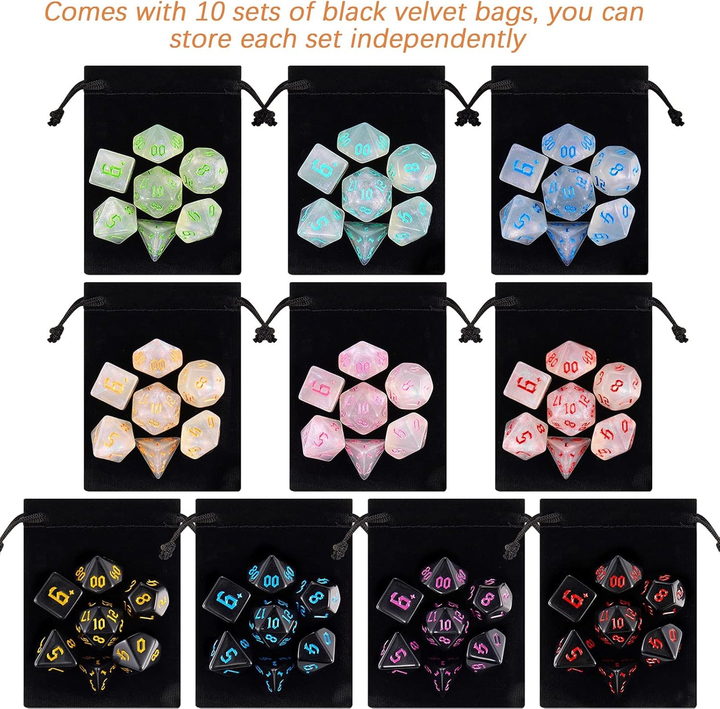 DND Dice, 10 X 7 (70 Pieces) Polyhedral Dice Set for Dungeons and Dragons DND RPG MTG Table Games D4 D6 D8 D10 D% D12 D20 with 10 Pack Black Bags