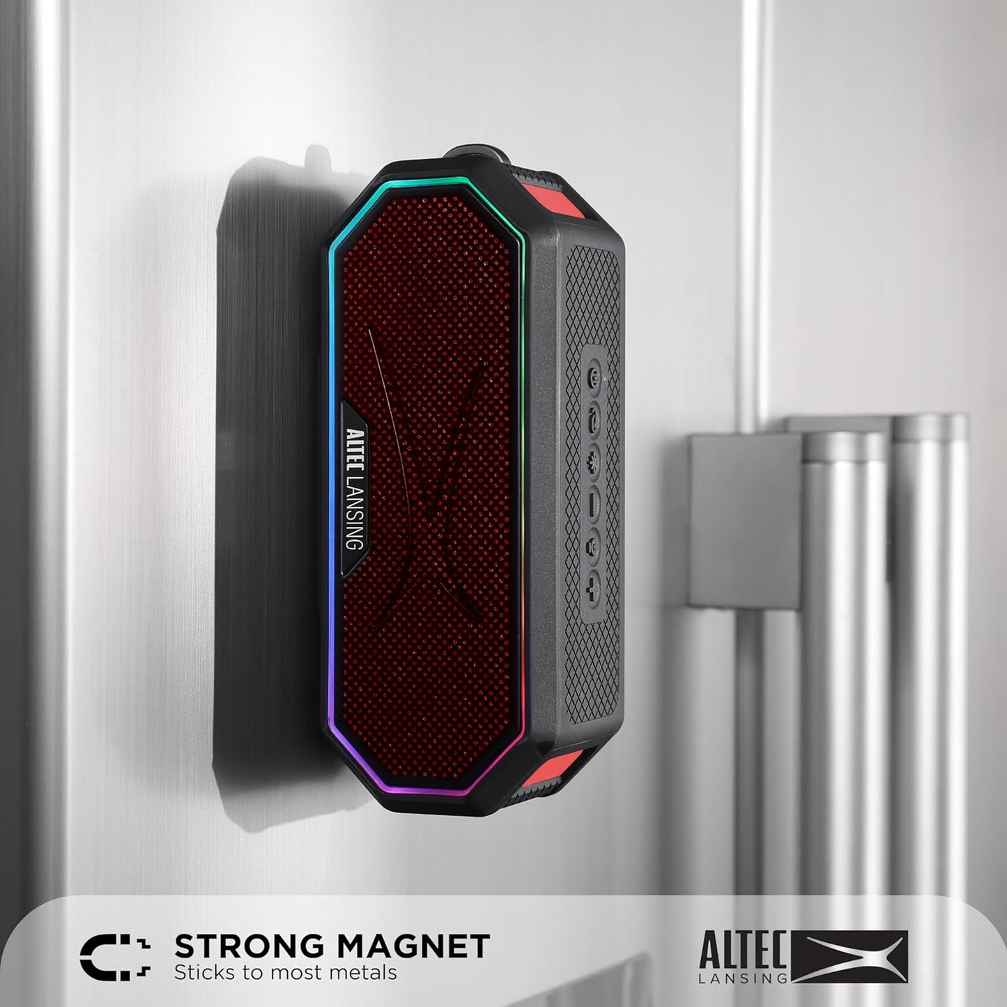 Altec Lansing Magnetic Bluetooth Speaker HYDRAJOLT 2.0, Waterproof IP67, 12W Output Power, 16H Battery, Multicolor LED, 100ft Wireless Range, Voice Assistant, USB-C Quick Charge