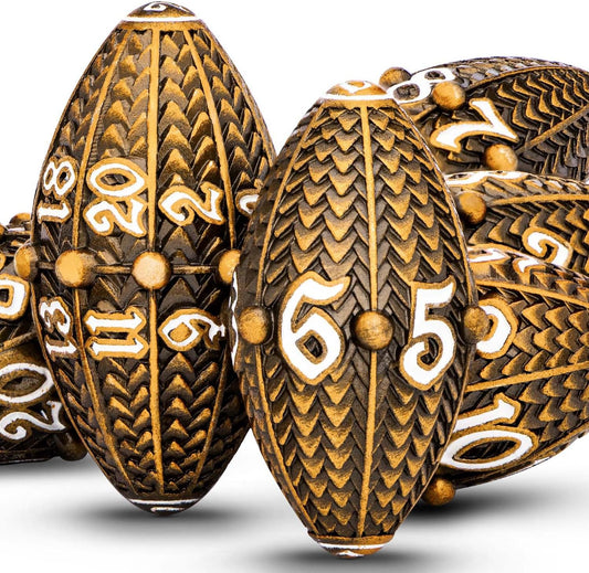 ARUOHHA DND Metal Dice Antique Gold Dragon Egg Dice with Metal Box, Role Playing Game RPG Polyhedral D and D Dice Set D20 D12 D10 D8 D6 D4