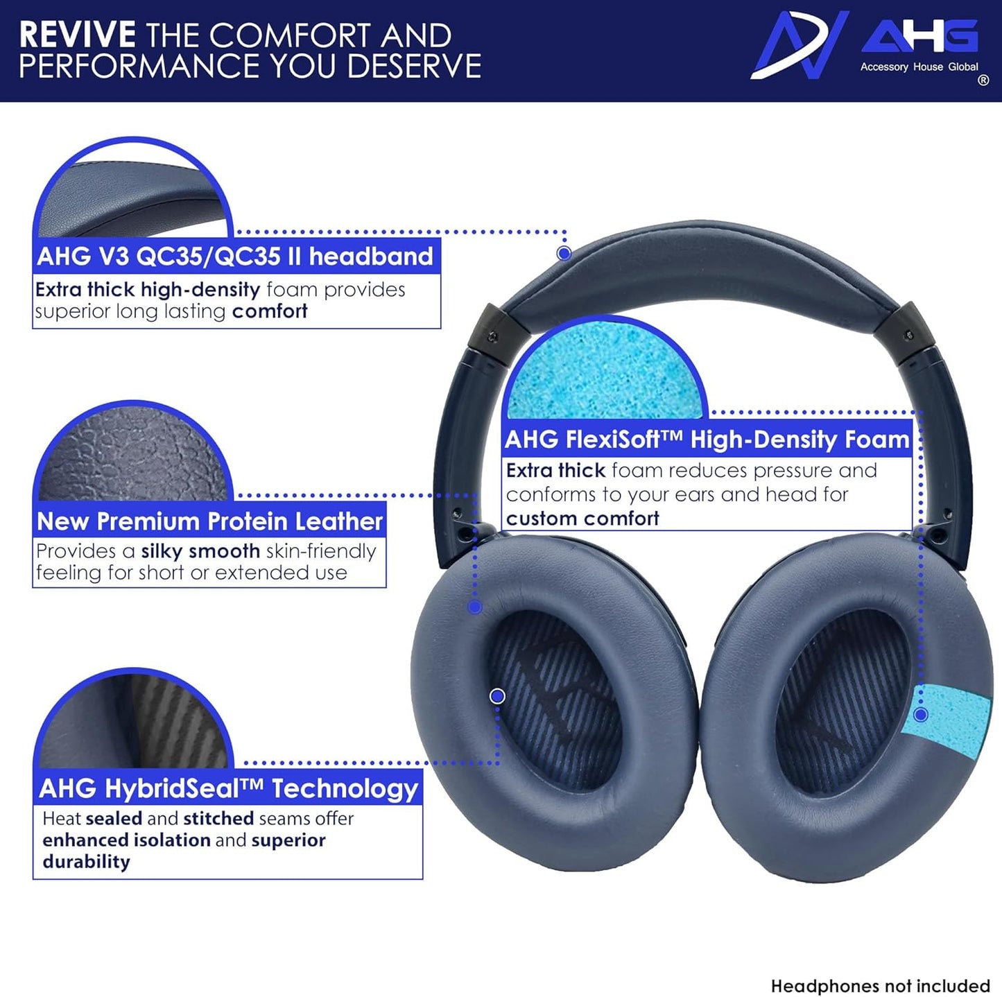 QC35 / QC35 ii earpads and QC35 Headband / QC35 ii Headband V3 pad Cushion Compatible with Bose QuietComfort 35 and QuietComfort 35 ii Headphones (Midnight Blue)
