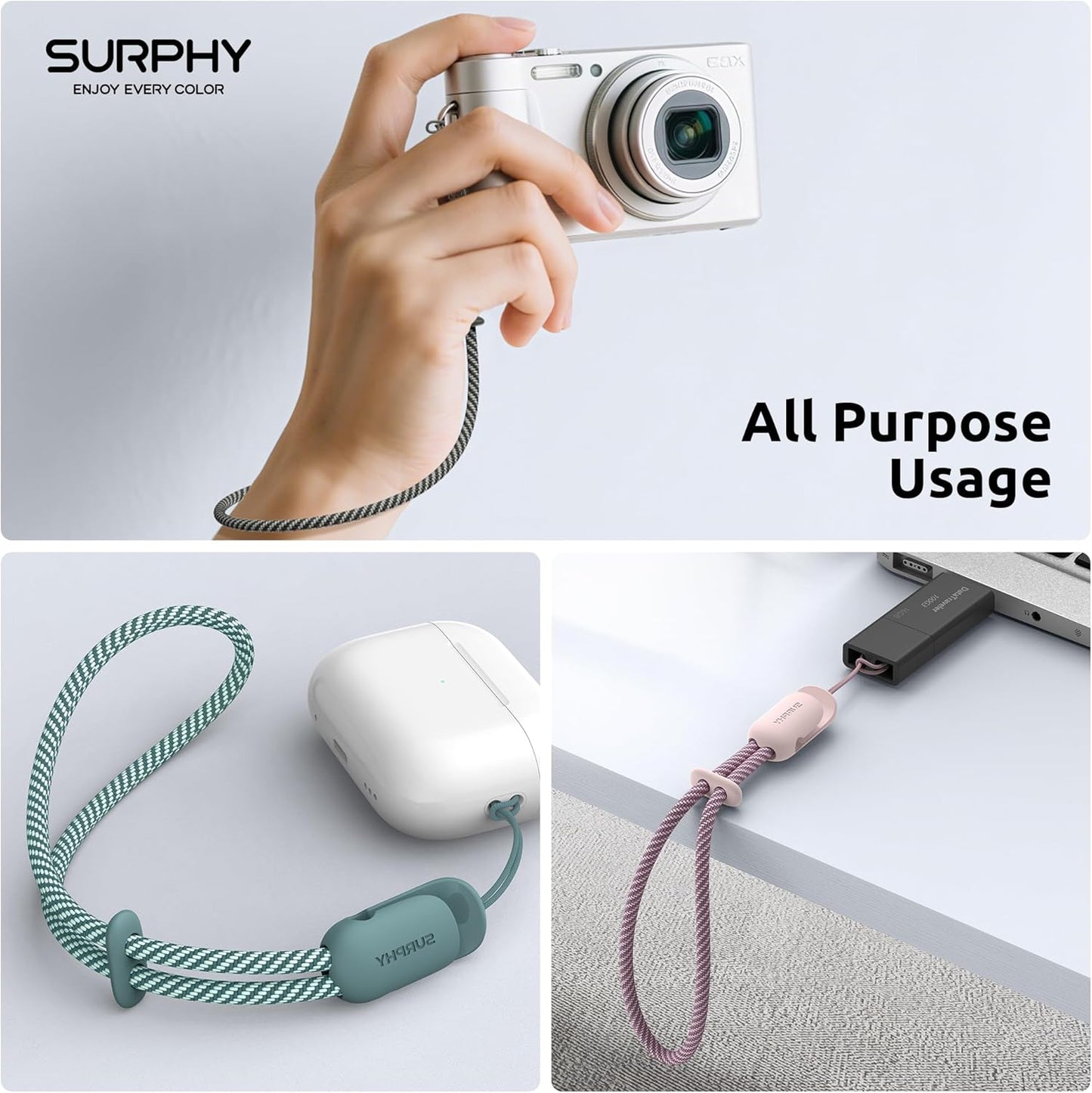 SURPHY 3 Pack Phone Wrist Strap with CellPhone Tether Tab, Cellphone Lanyard, Phone Strap with 2-Color Braided, Wrist Lanyard