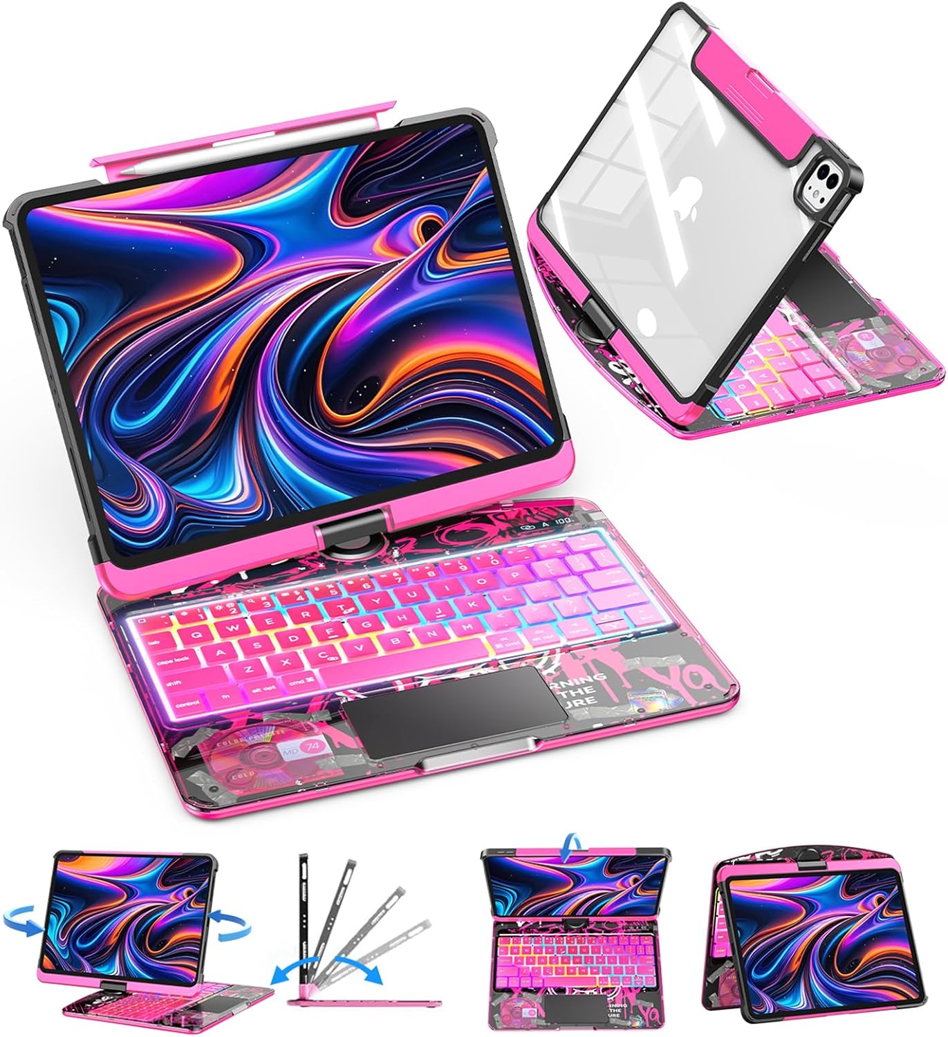 SIBEITU Keyboard Case for iPad Pro 13 Inch (M5 2025 / M4 2024), 360 Rotatable iPad Pro 13 Clear Cover with Multi-Touch Trackpad, 7-Color Backlight & 3 Brightness, High-Tech Visible PCB Design, Pink