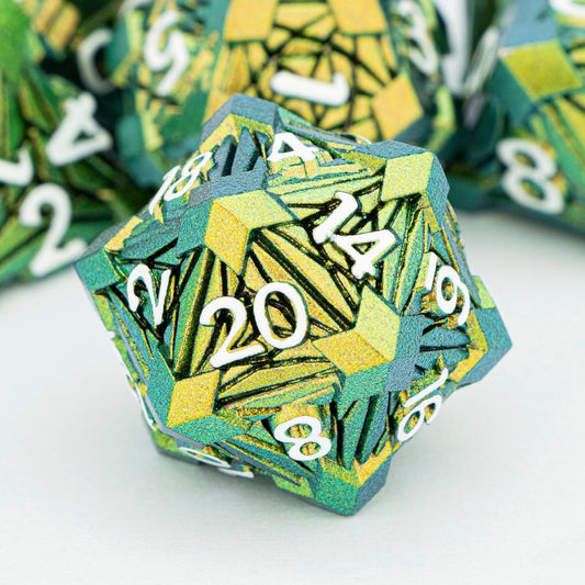7PCS Metal DND Dice Set with Box, Debris RPG Green Yellow D and D Dice for use with D&D Tabletop Games Role Playing Game Polyhedral Dice Set D20 D12 D10 D8 D6 D4