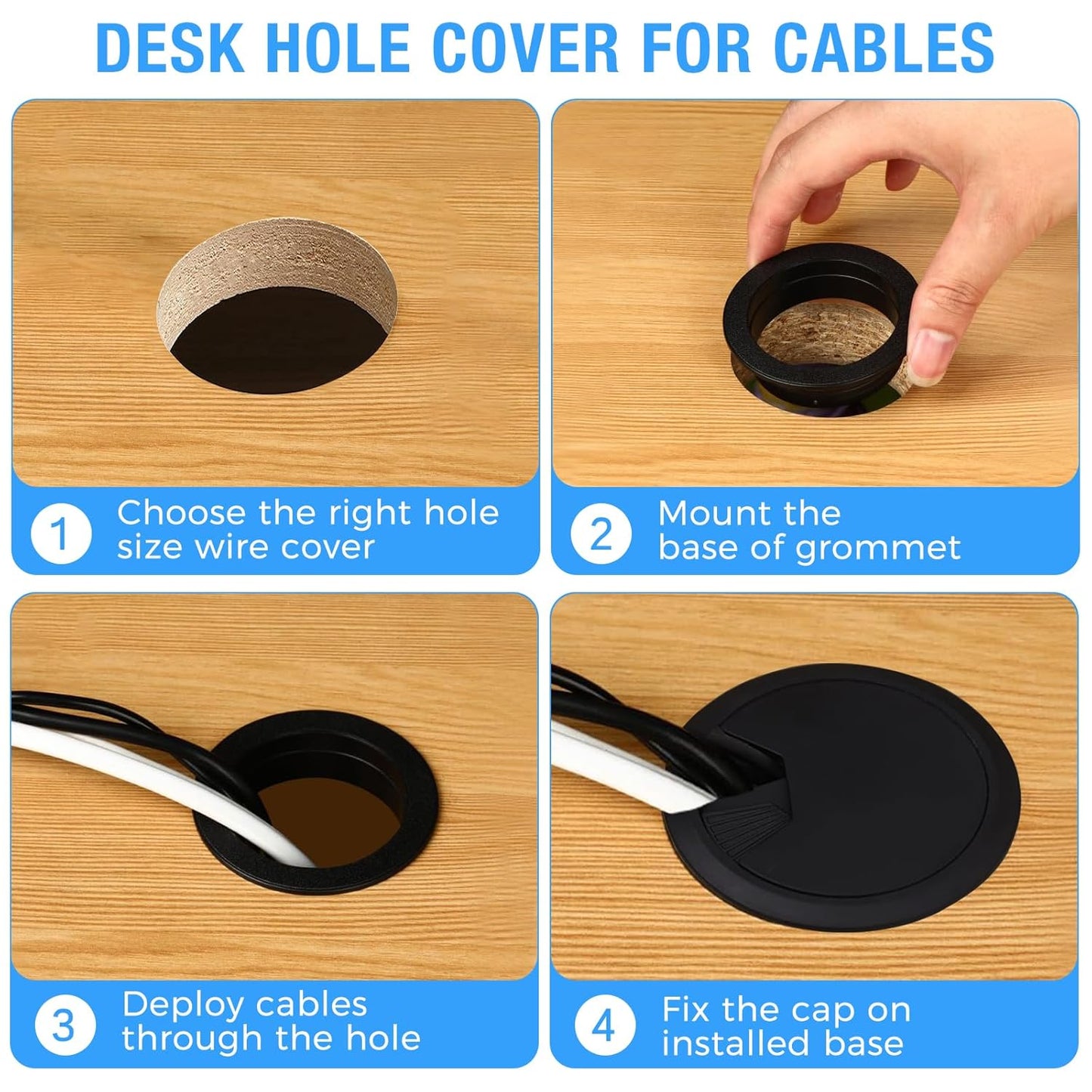 Desk Grommet 2" (50 mm), Desk Cord Hole Cover, Cable Grommet ABS Plastic, Desk Hole Grommet for Office and Home Table Cable, Detachable Adjustable Cable Cord Organizer (Black 2 Pcs)