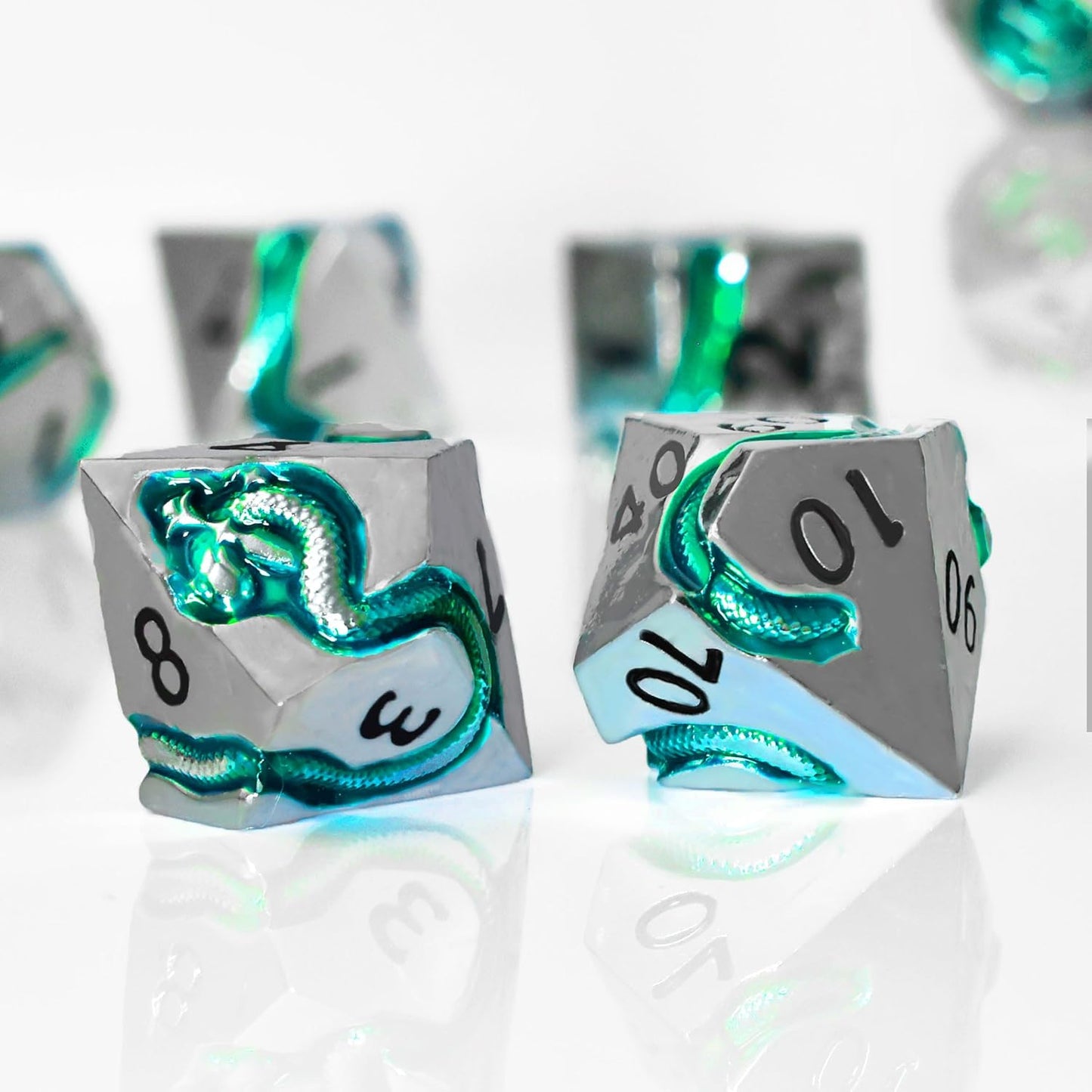 RULE DICE Metal DND Dice Set for Dungeons and Dragons - Polyhedral D&D Dice Set with Green Serpent Design - Balanced D&D Dice for RPGs, TTRPGs - Heavy Duty Zinc Alloy Construction 7 Dice Set