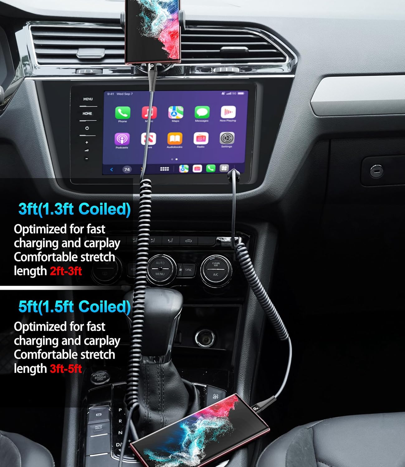 PRAKIE Coiled USB C Cable Fast Charging for Car 3FT/5FT, USB A to USB C Cable, Type C Charge Cord USB-C Charging Cable Compatible with iPhone 16/15/Samsung Galaxy S20 and More USB C Devices-Black