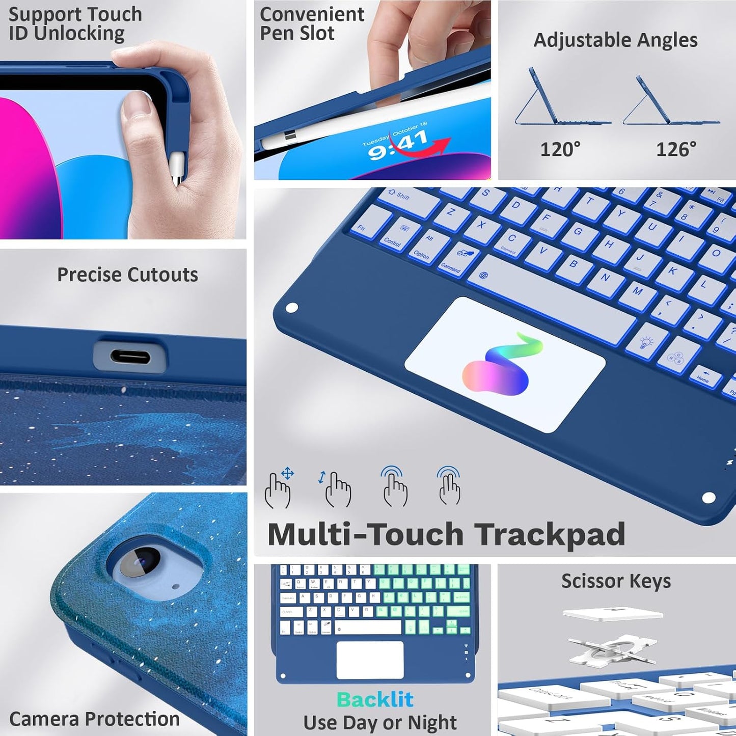 MoKo Touch Keyboard Case for iPad (A16) 11th Generation 11 inch 2025, iPad 10th Generation 10.9 inch Case with Pencil Holder, 7 Colors Backlit TrackPad Detachable Bluetooth Keyboard, Blue Starry Sky