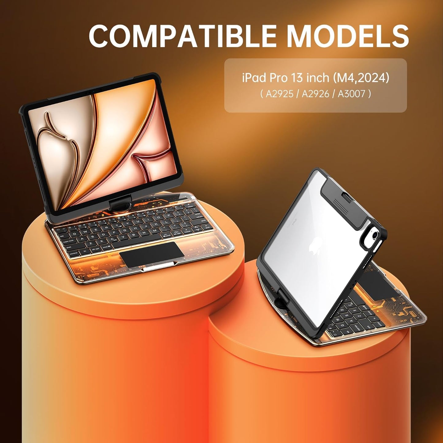 GUSGU Transparent Case with Wireless Keyboard only for 2024 iPad Pro 13-in.(M4), 7 Colors Backlight, Trackpad, 360°Rotating Stand for iPad Pro 13, Tech Style