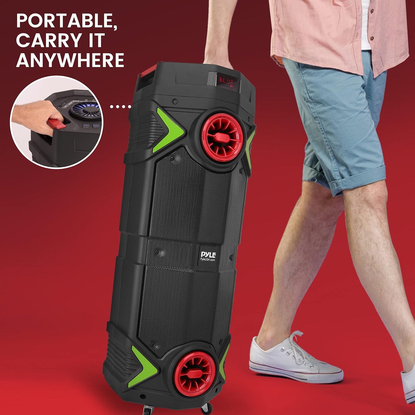 Pyle Portable Bluetooth PA Speaker - 400W Dual 8” Rechargeable Indoor/Outdoor BT Karaoke Audio System-Party Lights, LED Display, FM/AUX/MP3/USB/SD, 1/4" in,Handle, Wheels-Wireless Mic, Remote Control