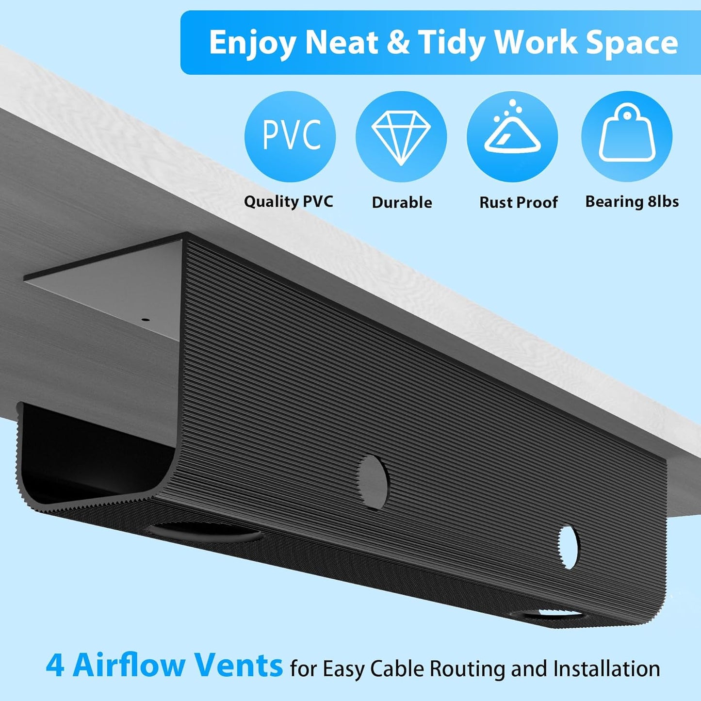 ZhiYo 2 Pack Large Capacity Cable Management Tray 31.5in (2xL15.7in), Thick PVC Under Desk Cable Tray Kit with 4 Cable Clips & 5 Ties, Standing Cord Management Desk Organizer for Office or Home, Black