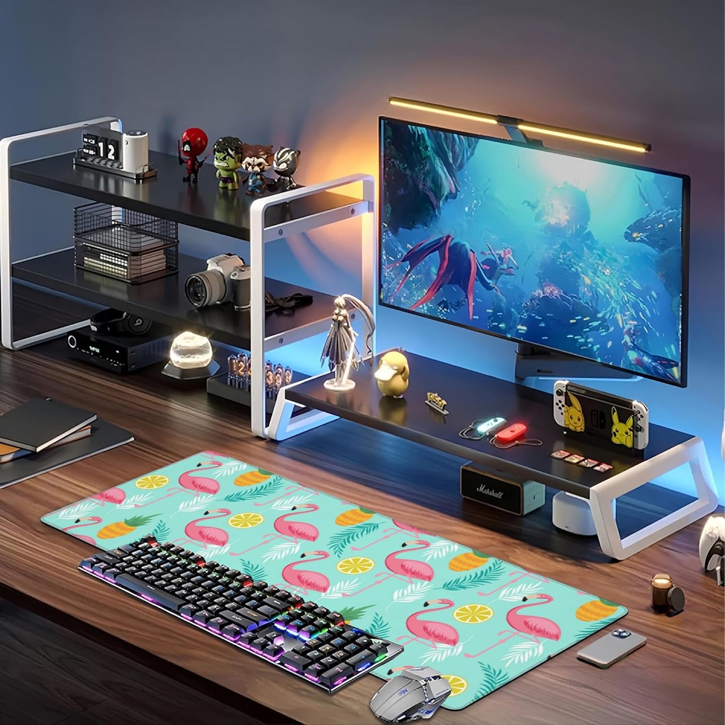 Pink Flamingo Desk Mat,Large Summer Flamingos Pineapples Tropical Leaves Gaming Keyboard Mouse Pad,Non-Slip Rubber Base Desk Pad Thick Stitched Edges Waterproof Mousepad Mouse Mat 31.5"x11.8"