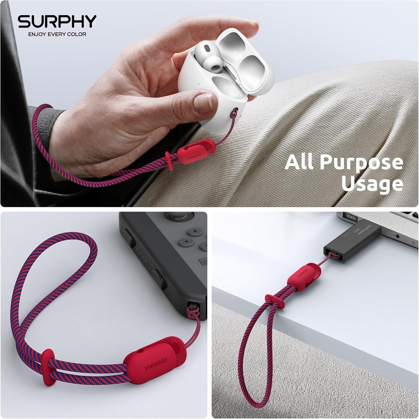 SURPHY 2 Pack Phone Lanyard for Cellphone Case, Phone Wrist Strap for Case, Cellphone Strap with 2-Color Braided, Charm Wrist Lanyard for Women and Men, Red & Gray