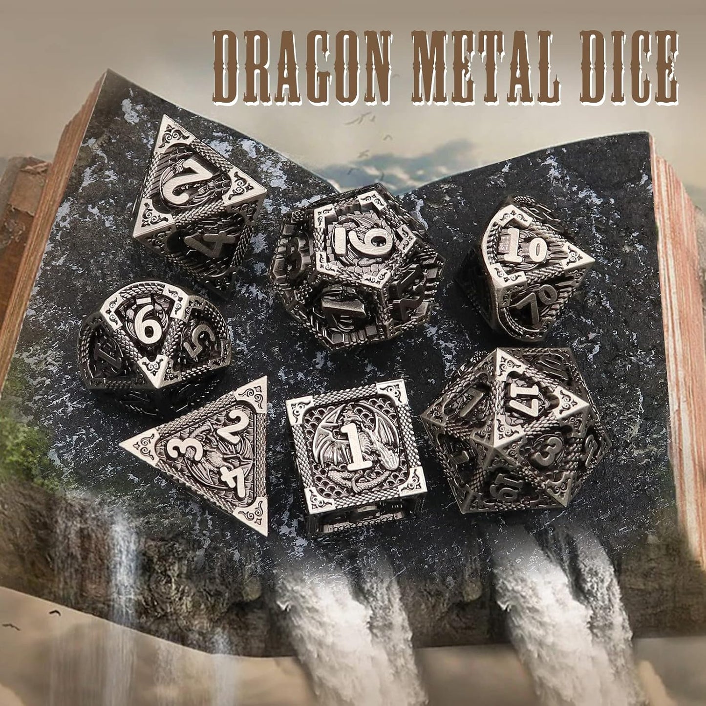 PJOY Metal DND Dice Set Antique Silver Dragon Scale D&D Polyhedral Dice with Dice Case for Dungeons and Dragons TTRPG Gifts