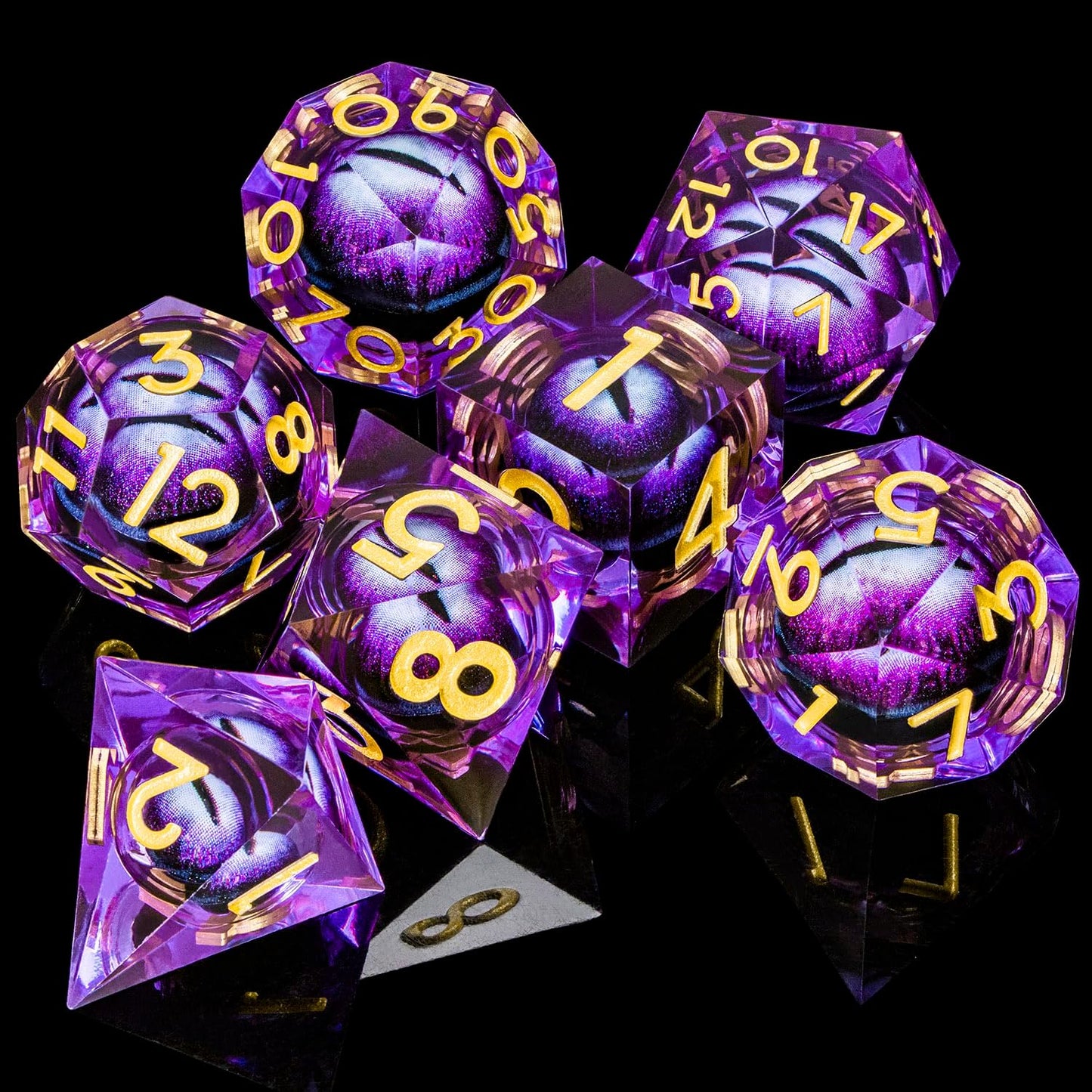 ARUOHHA DND Resin Dice Dragon Eye Dice Liquid Core Purple Sharp Edged Dice Set with Gift Box, Dungeons Polyhedral D and D Dice Set Compatible with D&D Role Playing Game D20 D12 D10 D8 D6