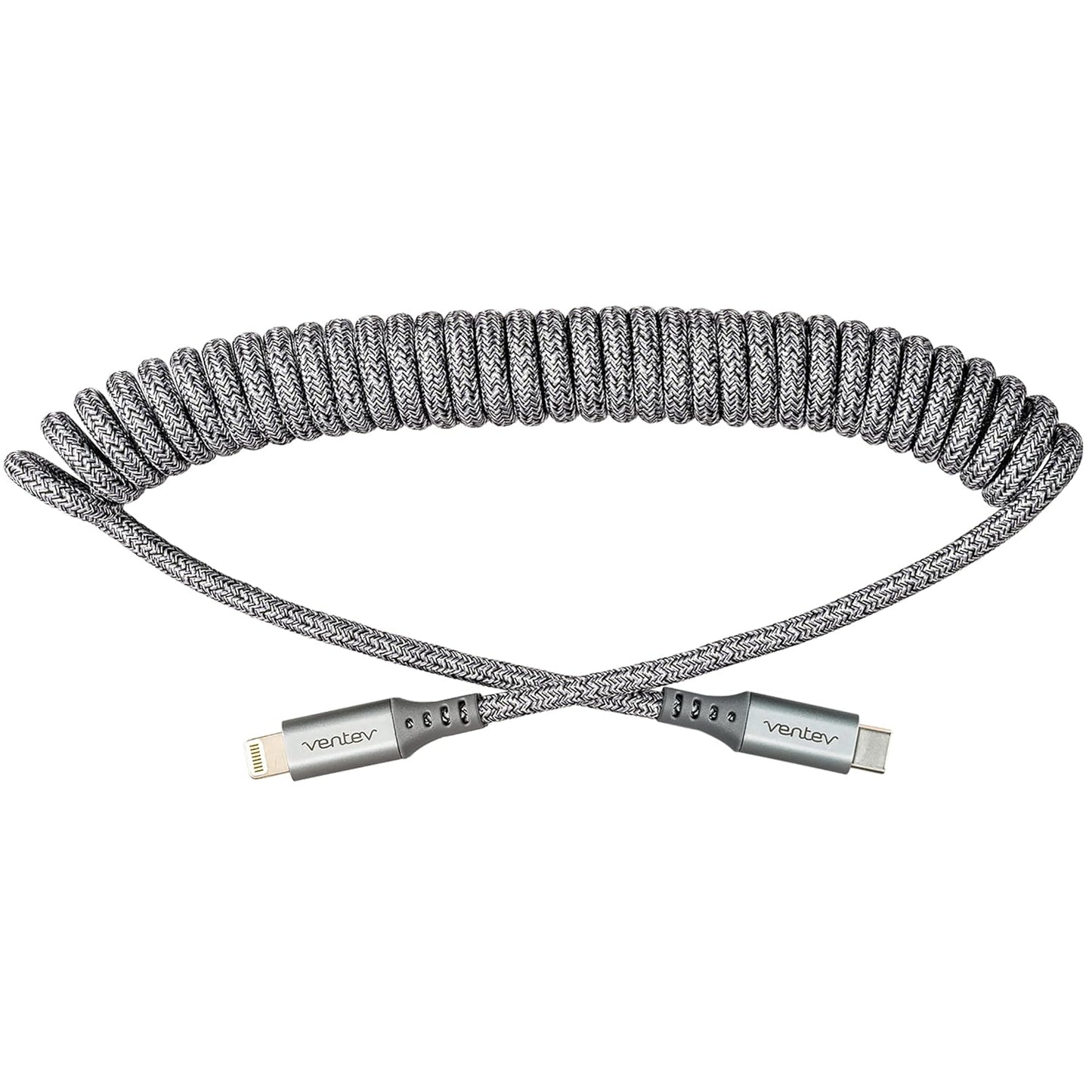 Ventev - Helix 3ft Expandable iPhone Cable | Fast Charging USB C to Apple Lightning Cable | Compatible with iPhone 14/13/12/11 | Coiled MFi Certified iPhone Charger Cord - Gray