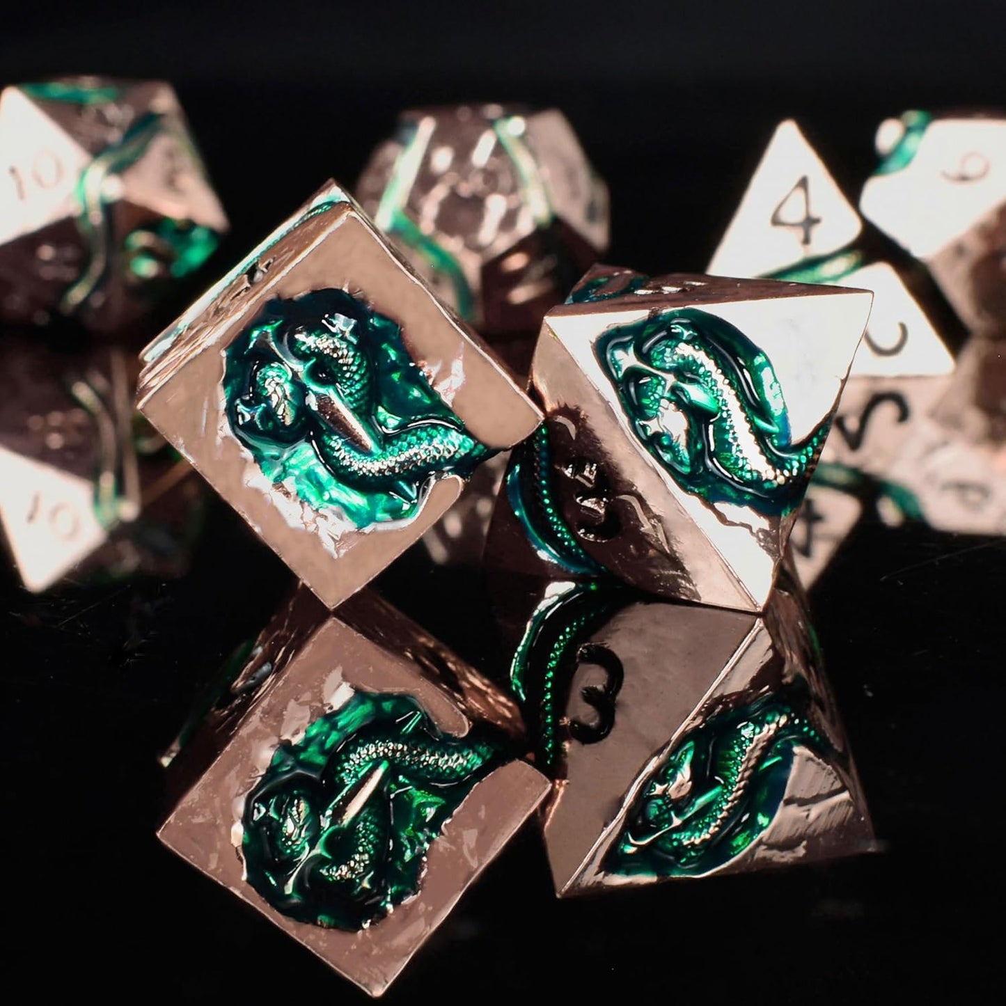 RULE DICE Serpent's Embrace Metal DND Dice Set - 7pc Polyhedral D&D Dice for TTRPGs Like Dungeons and Dragons and Pathfinder - Emerald Green Snake Design, Heavy & Balanced for Tabletop Gaming