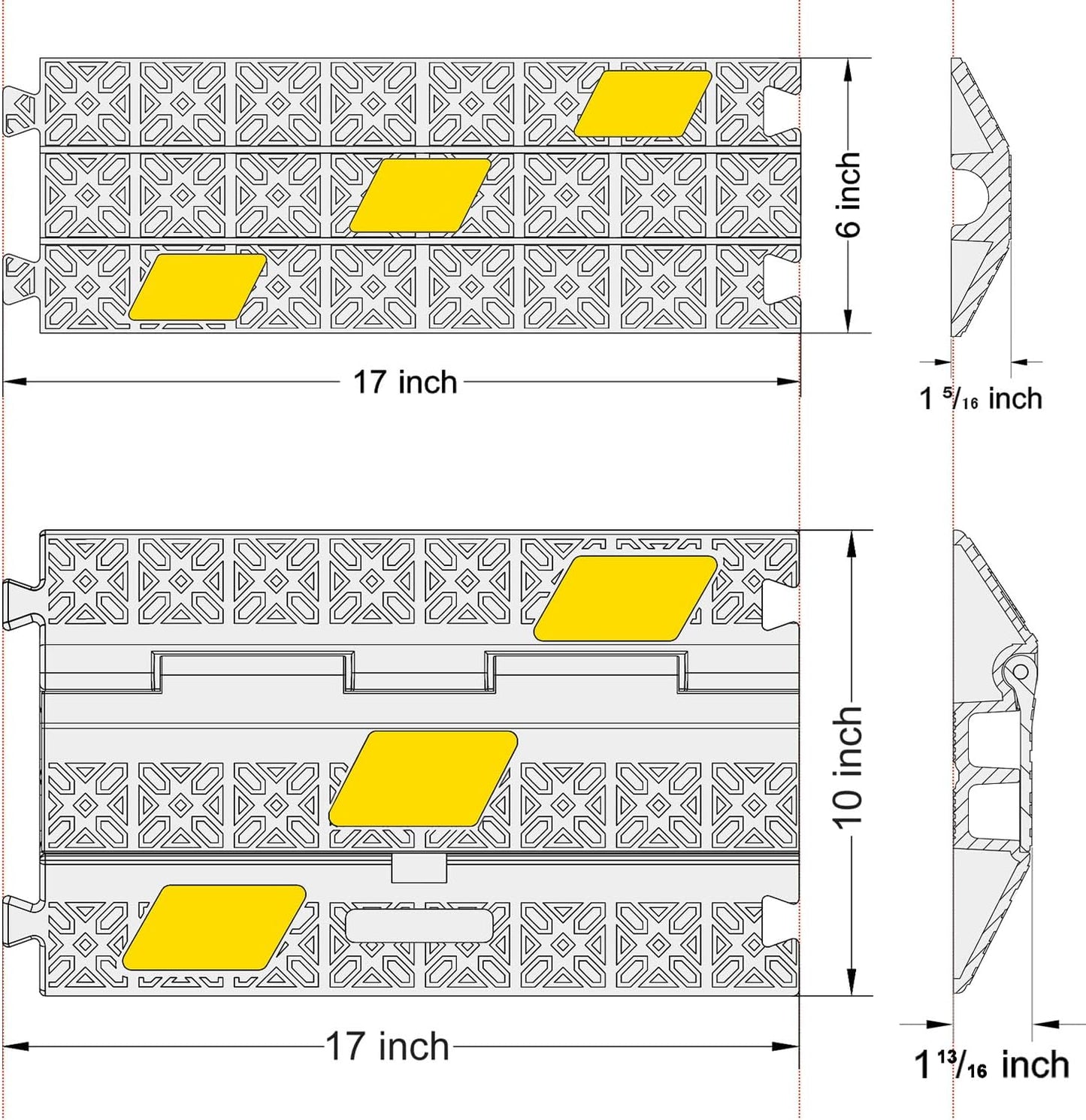 6 Pack 2-Channel Rubber Cable Protector Ramp, 17" x 10" x 1.8" inch Interlocking Floor Wire Cord Cable Cover, Visible at Night, Durable Rubber Speed Bump Hump Ramp (2-Channel 6 Pack)