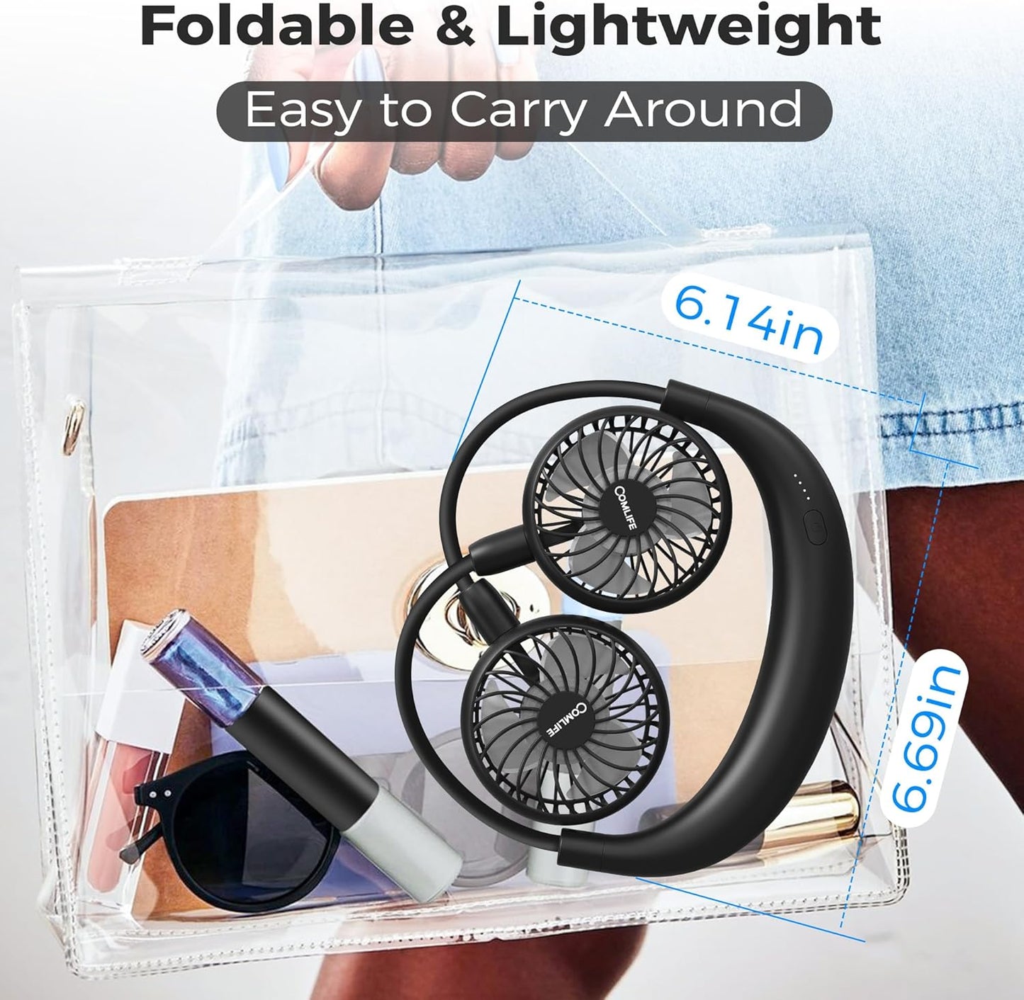 COMLIFE Portable Neck Fan, 5000mAh Rechargeable Battery Powered, 3 Speeds, 360°Adjustable, Double Cooling, Hands-Free Personal Wearable USB Neckband Fan for Home Office Outdoor Travel Sports