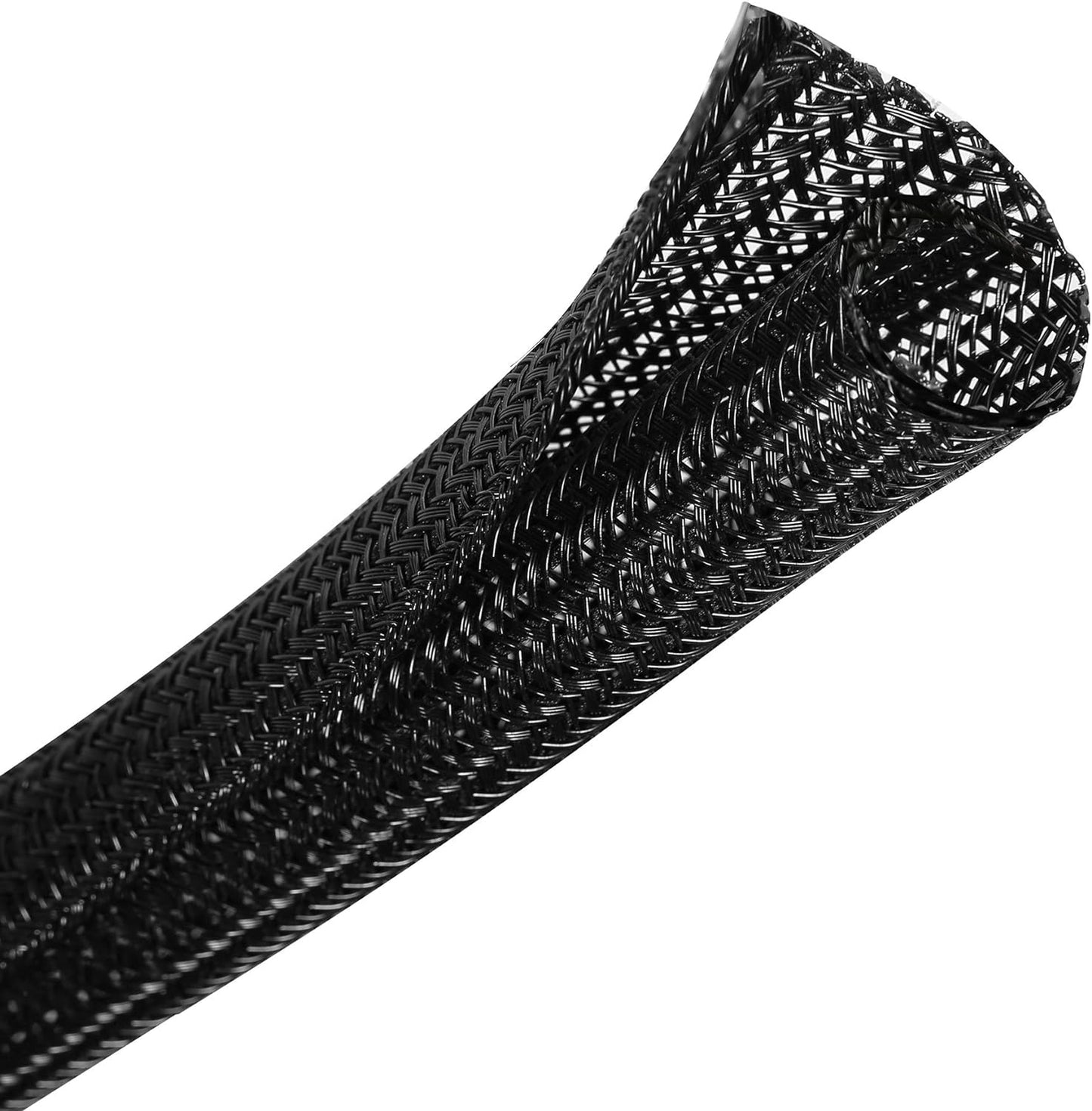 CrocSee 25ft - 1.25 inch Braided Cable Management Sleeve Cord Protector - Self-Wrapping Split Wire Loom for TV/Computer/Home Theater/Engine Bay - Black